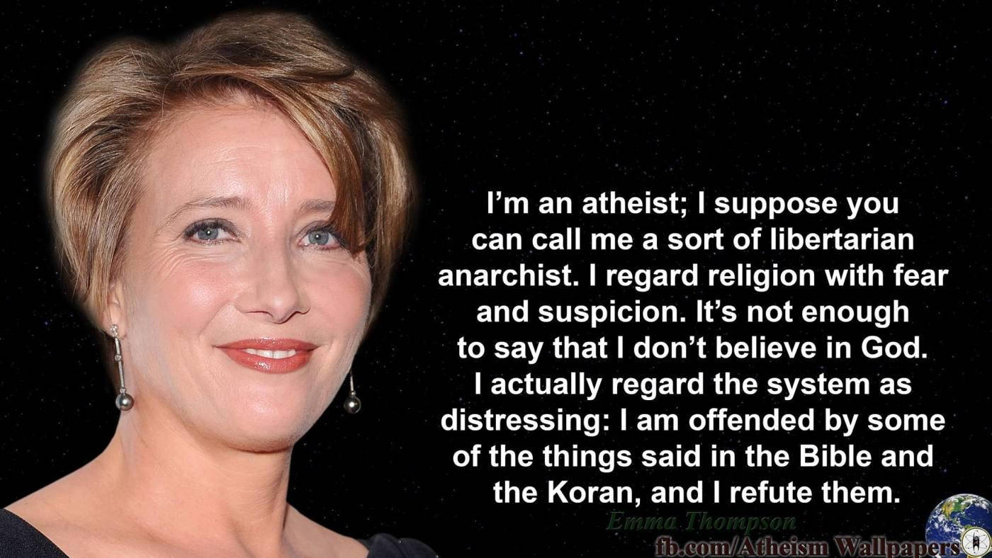 Emma Thompson, starry black background, quote about atheism and religious texts, HD Desktop Wallpaper