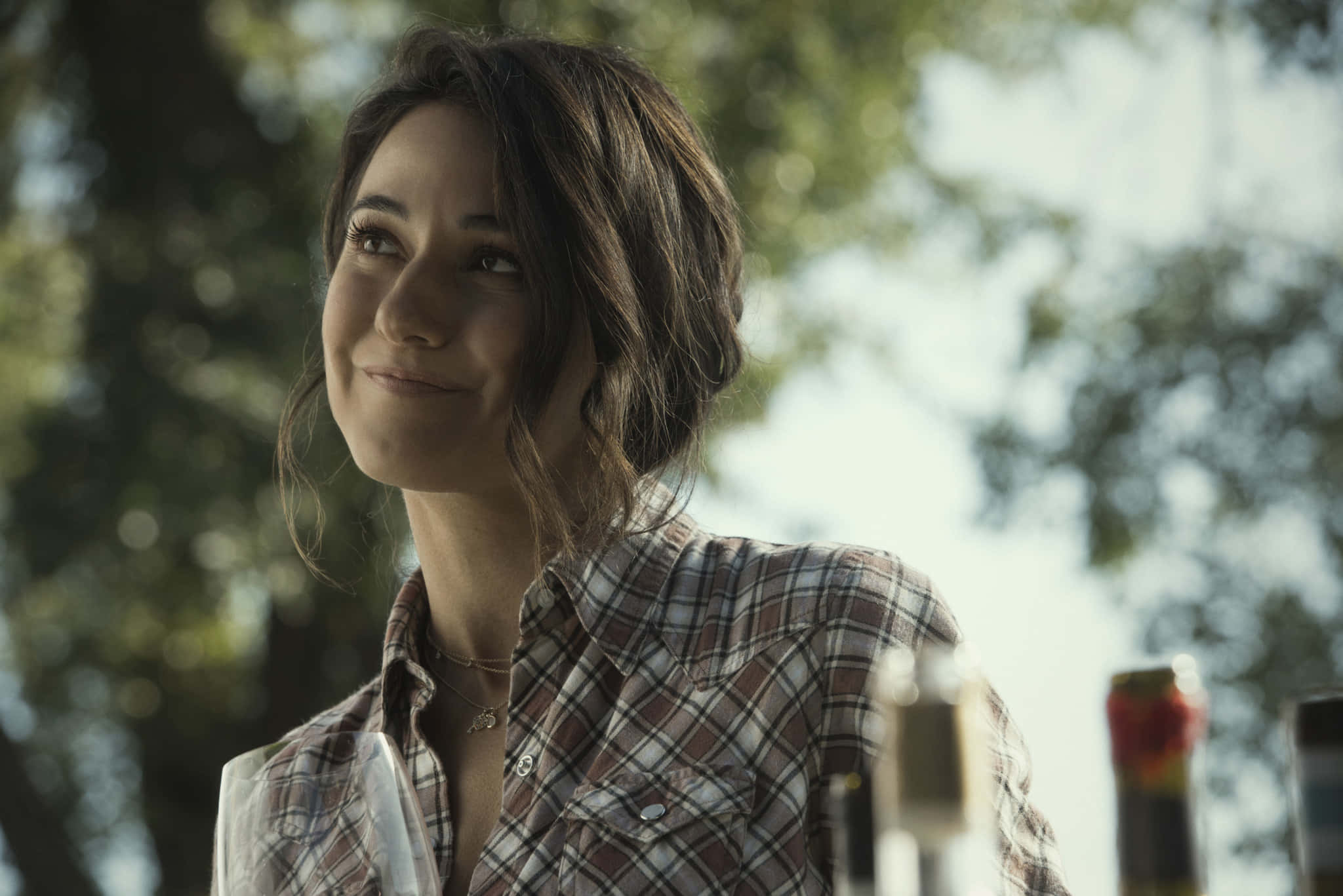 Emmanuelle Chriqui, plaid shirt, dappled sunlight, Full HD Desktop Wallpaper