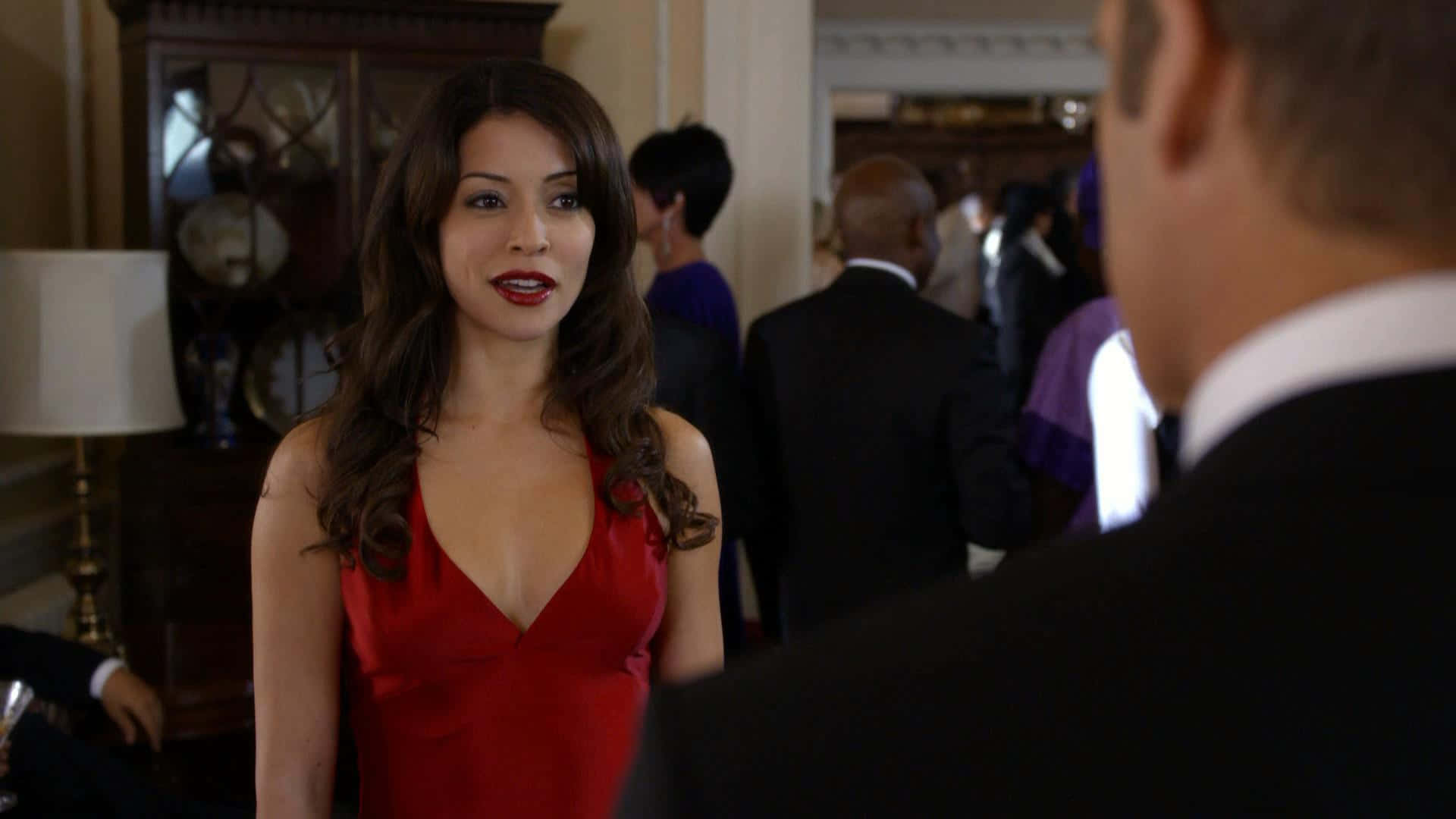 Emmanuelle Vaugier, red dress, elegant room, Full HD Desktop Wallpaper