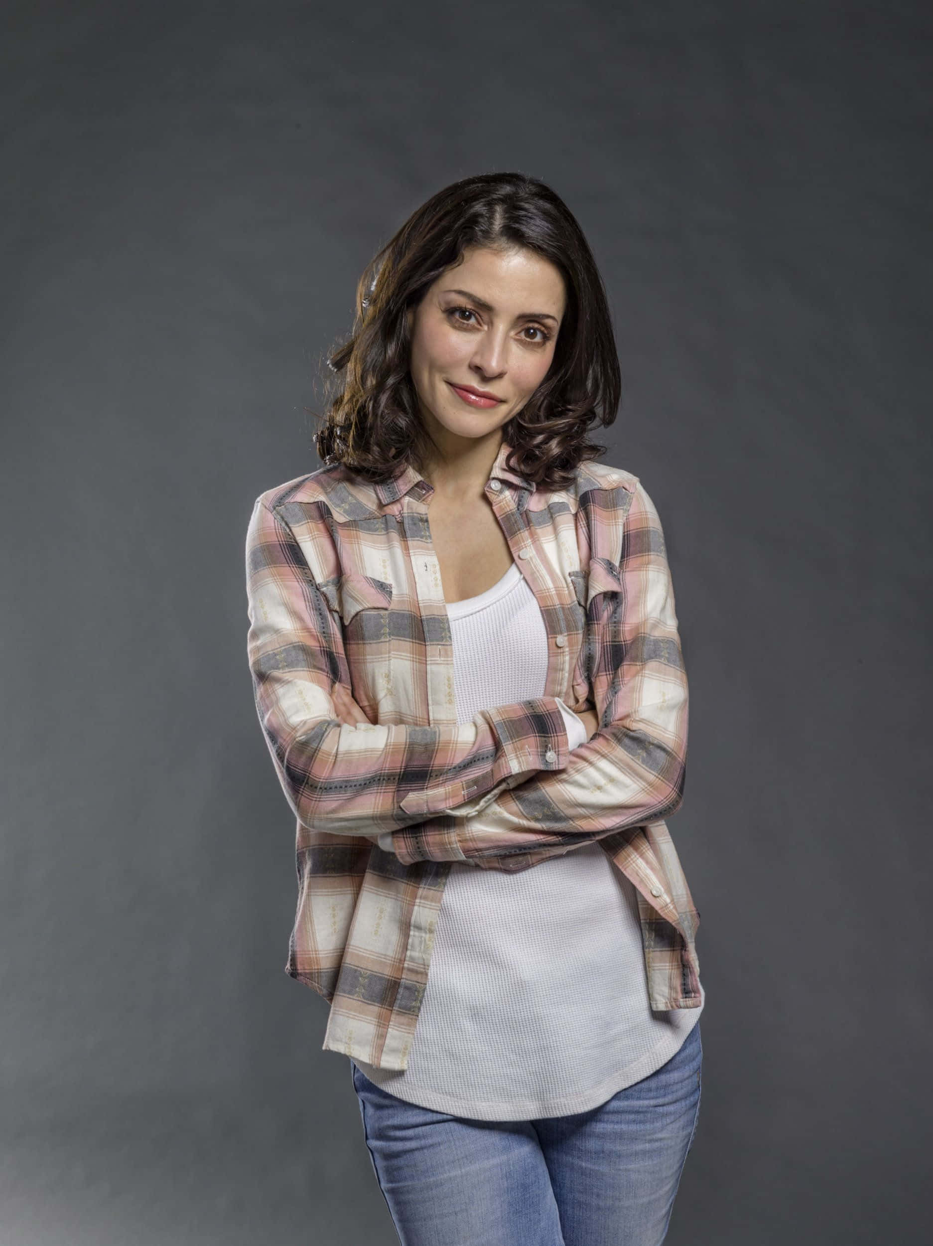 Emmanuelle Vaugier, plaid shirt, white top, Full HD Phone Wallpaper