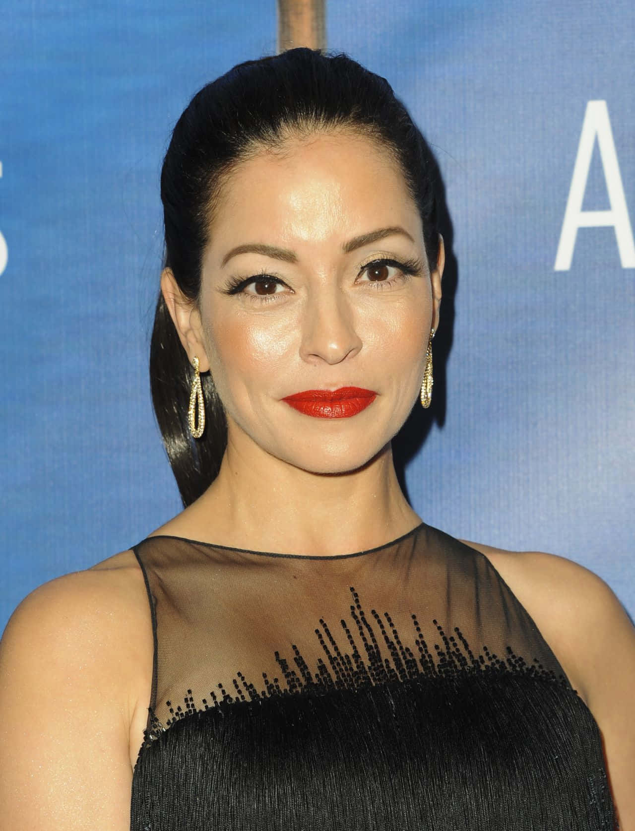 Emmanuelle Vaugier, black beaded dress, blue backdrop, HD Phone Wallpaper
