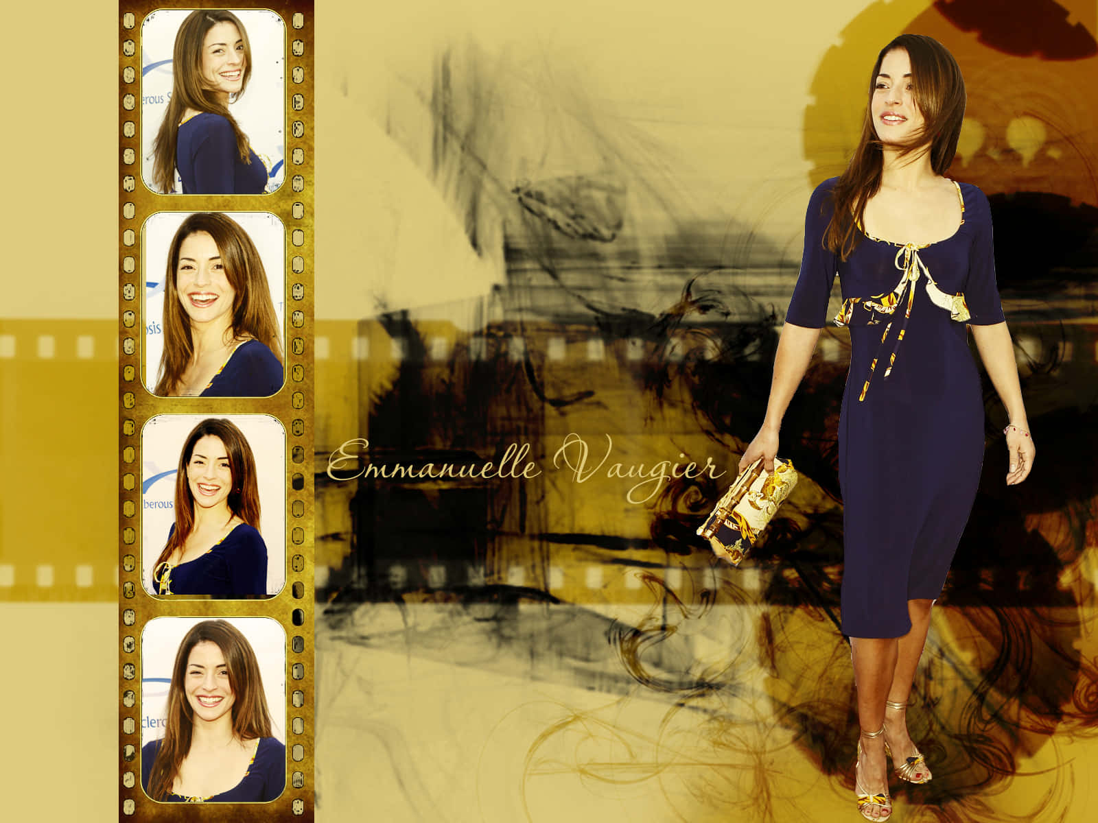 Emmanuelle Vaugier, navy dress, gold accents, HD Desktop Wallpaper