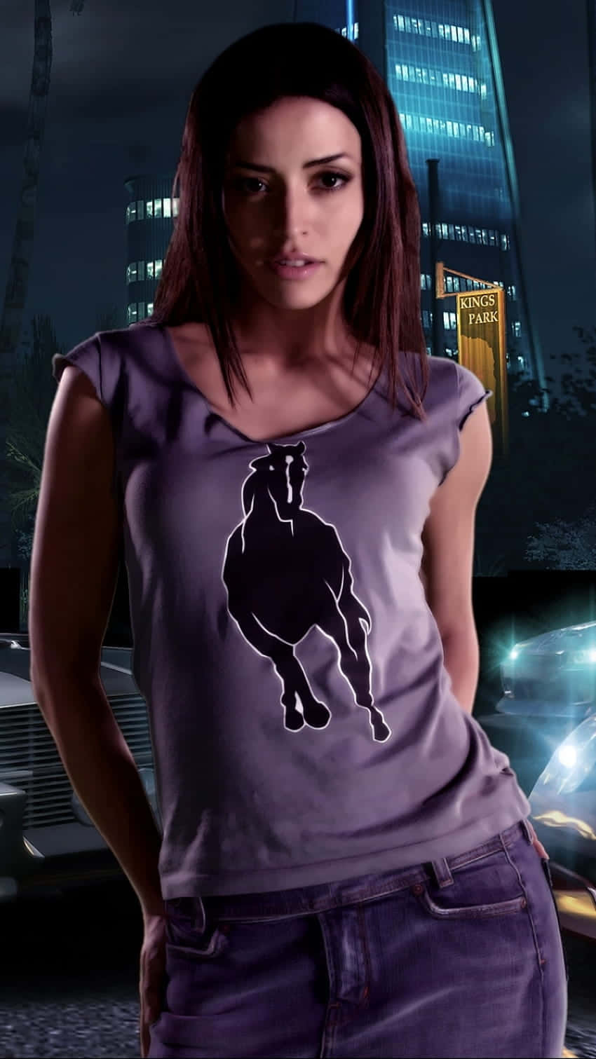 Emmanuelle Vaugier, vibrant turquoise background, neon-lit urban night scene, HD Phone Wallpaper