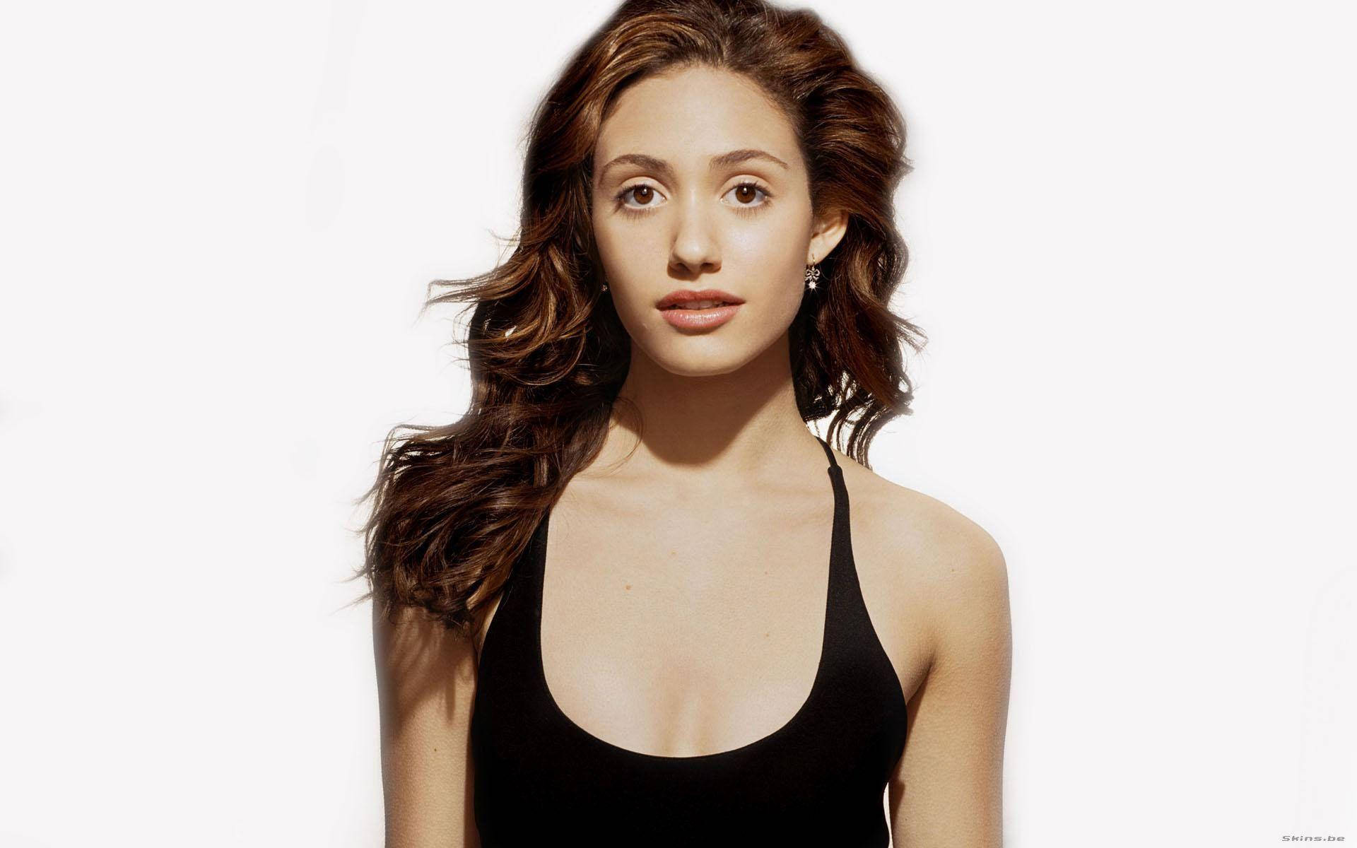 Emmy Rossum, black tank top, wavy brown hair, Full HD Desktop Wallpaper