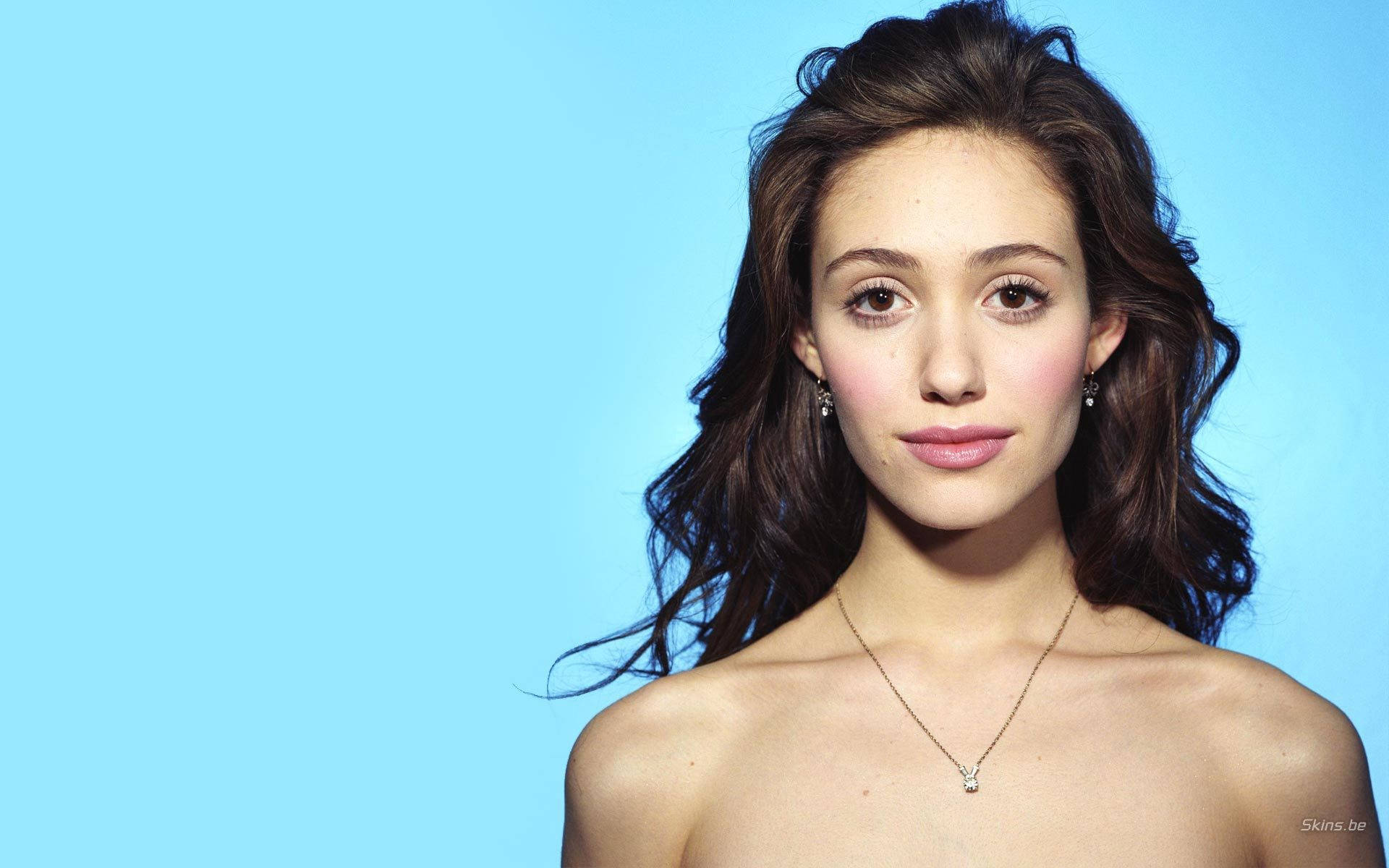 Emmy Rossum, wavy brown hair, delicate necklace, Full HD Desktop Wallpaper