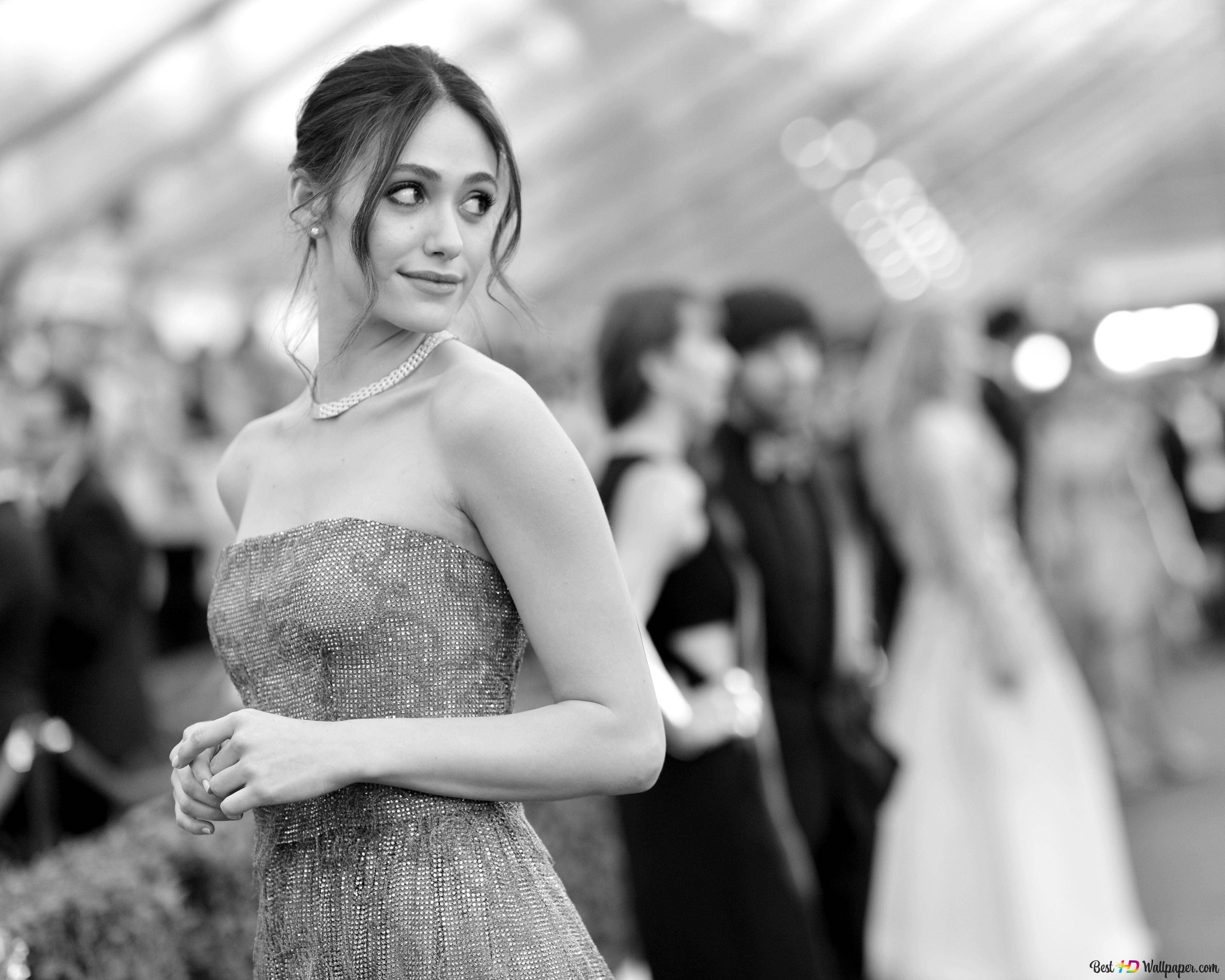 Emmy Rossum, sparkling strapless gown, black and white, 2K Desktop Wallpaper