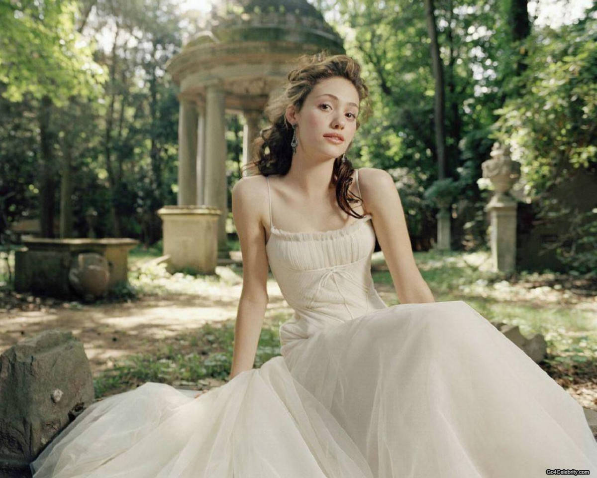 white gown, Emmy Rossum, sunlit garden, SD Desktop Wallpaper