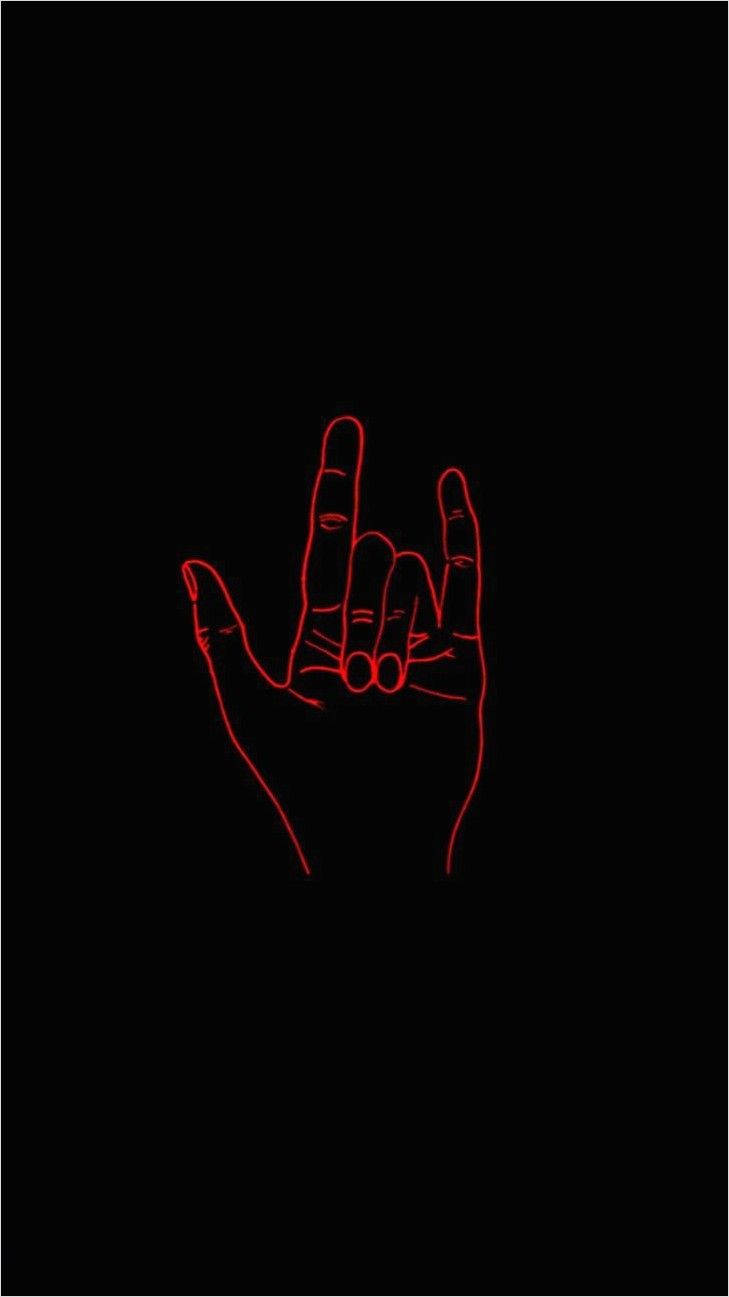 glowing red neon outline, rock on hand gesture, black background, HD Phone Wallpaper
