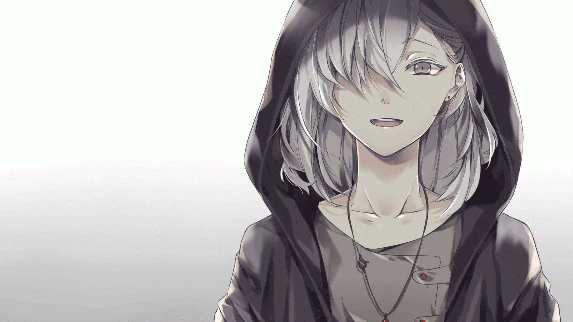 anime girl, silver hair, black hooded jacket, Full HD Desktop Wallpaper