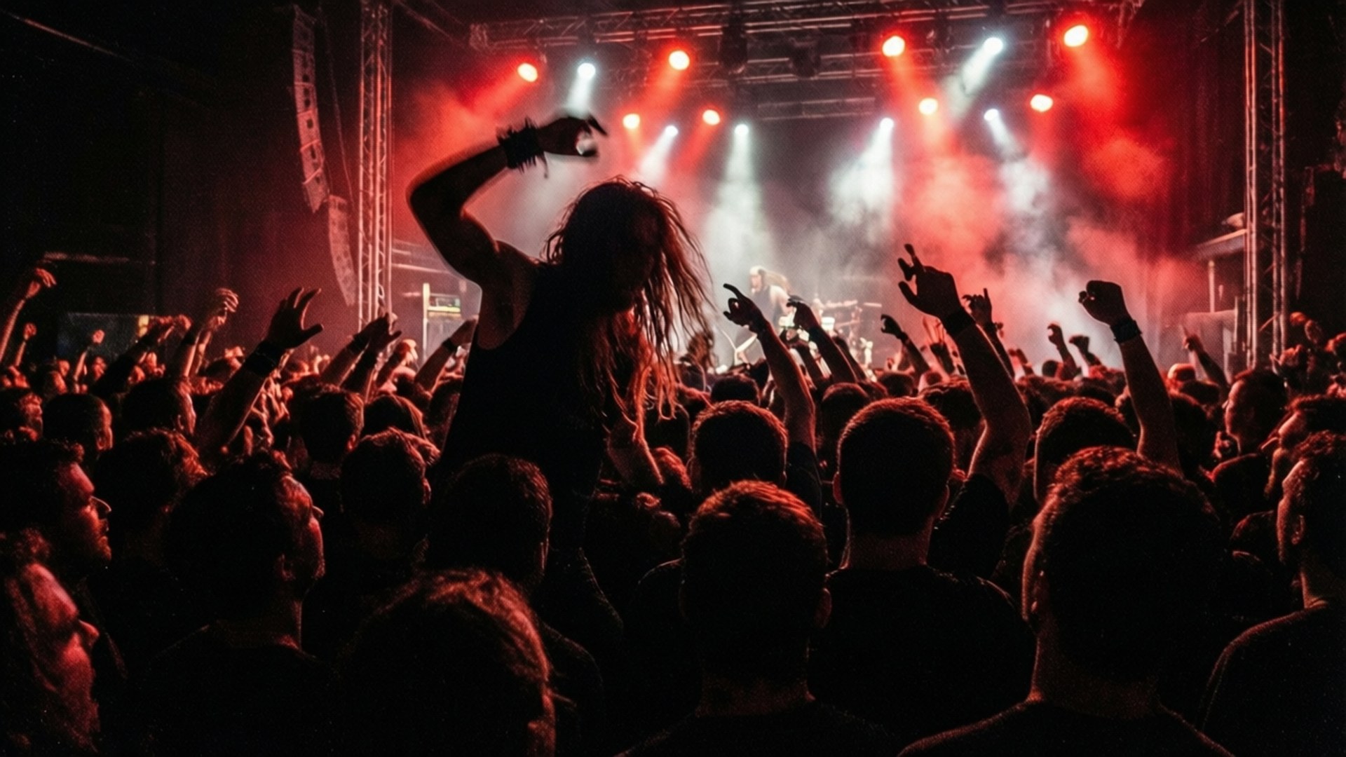 mosh pit chaos, crowd surfer, long hair, Full HD Desktop Wallpaper