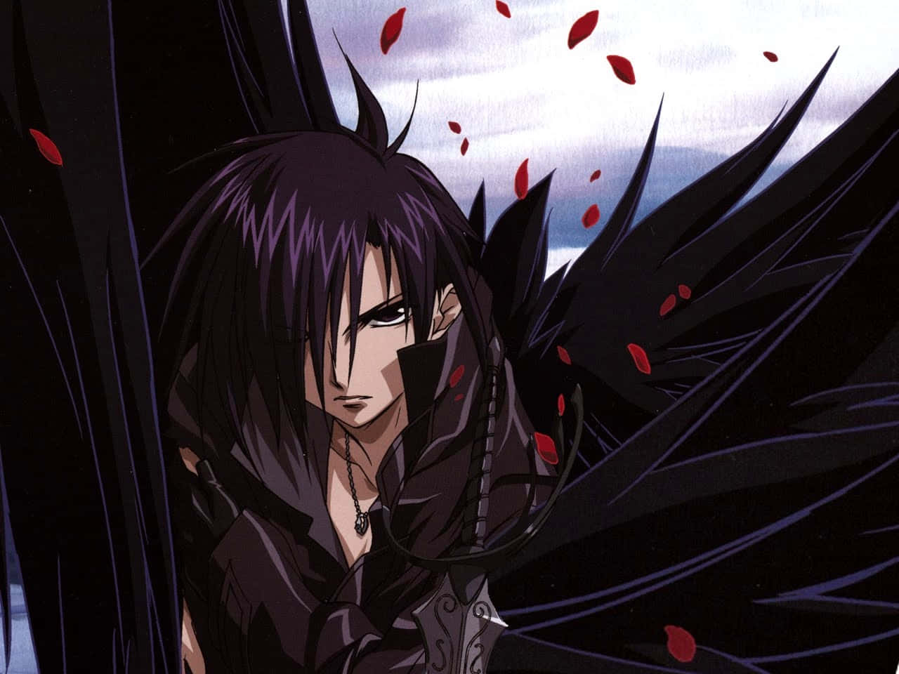 Emo Anime Boy, dark-haired anime character, black wings, HD Desktop Wallpaper