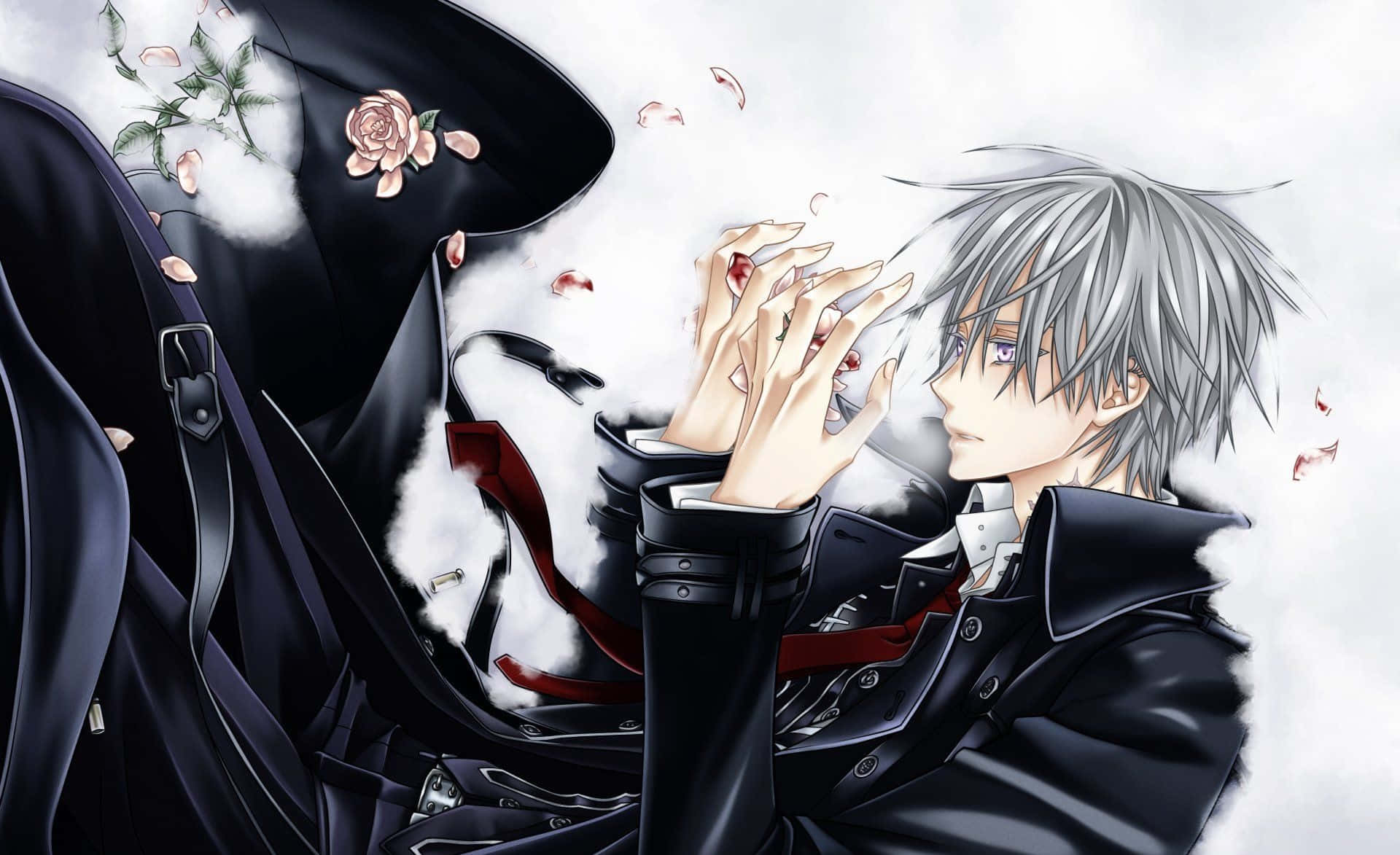 silver-haired anime boy, black coat, masked figure, Full HD Desktop Wallpaper