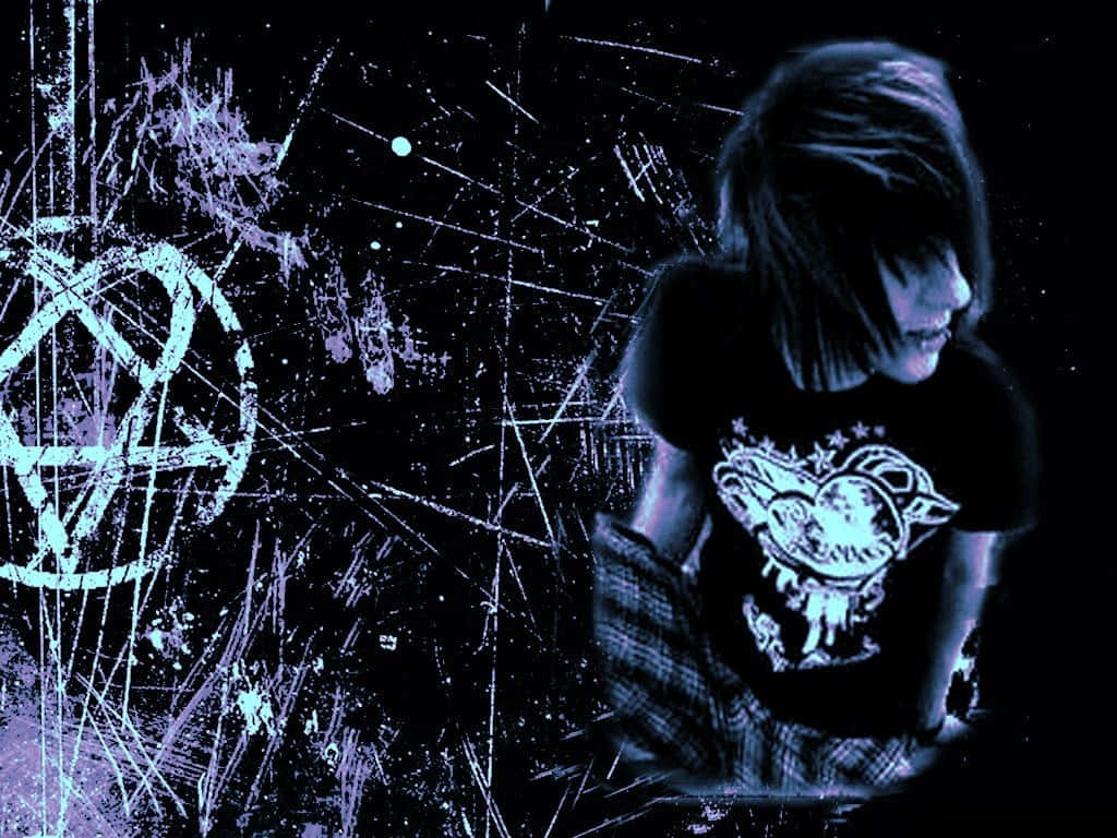 emo anime boy, short dark hair, gritty blue-lit space, SD Desktop Wallpaper