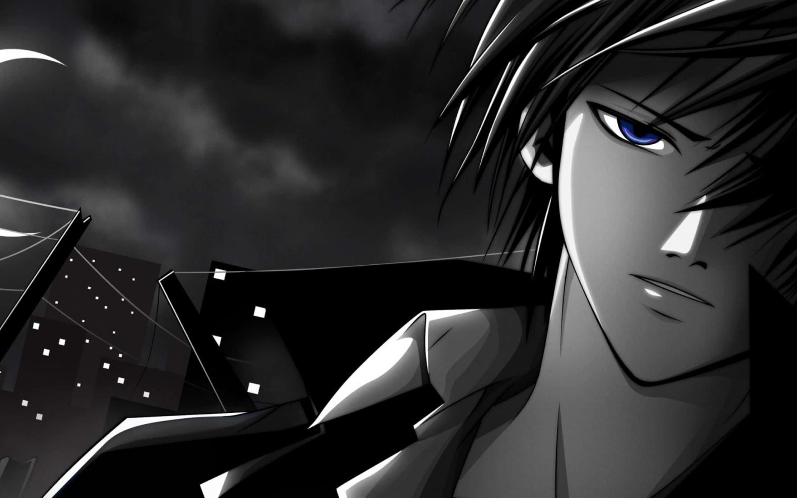 emo anime boy, stormy night cityscape, blue eyes, 2K Desktop Wallpaper