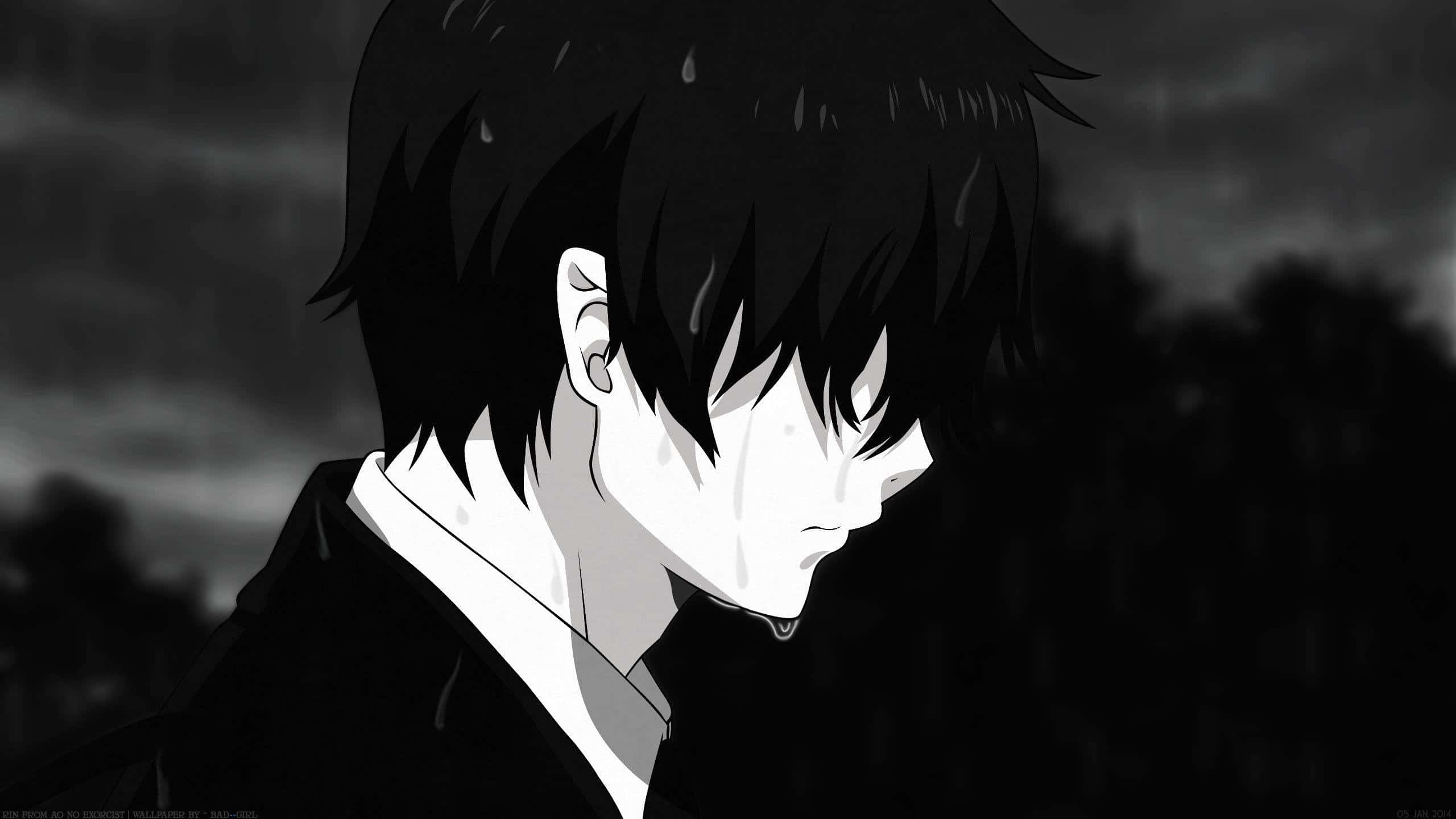 emo anime boy, black hair, tears streaking his face, 2K Desktop Wallpaper