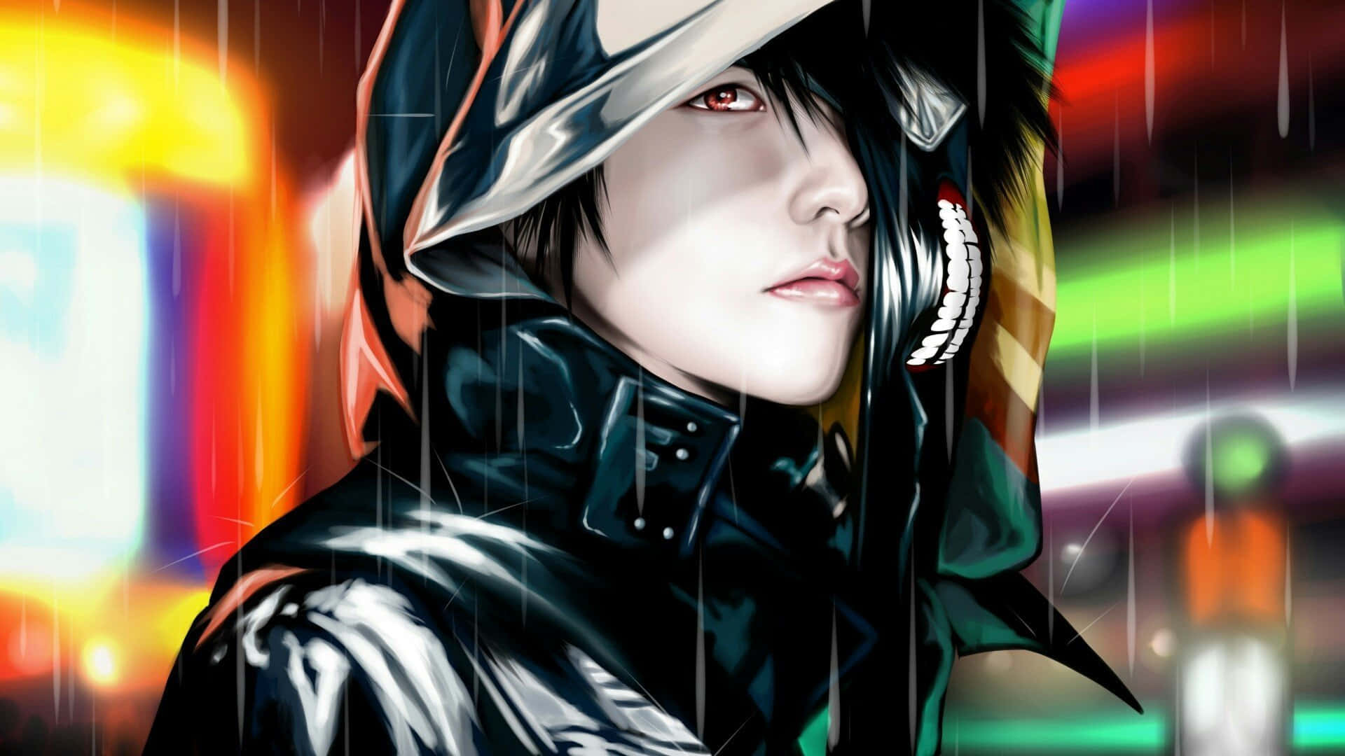 Emo Anime Boy, red eyes, hooded coat, Full HD Desktop Wallpaper