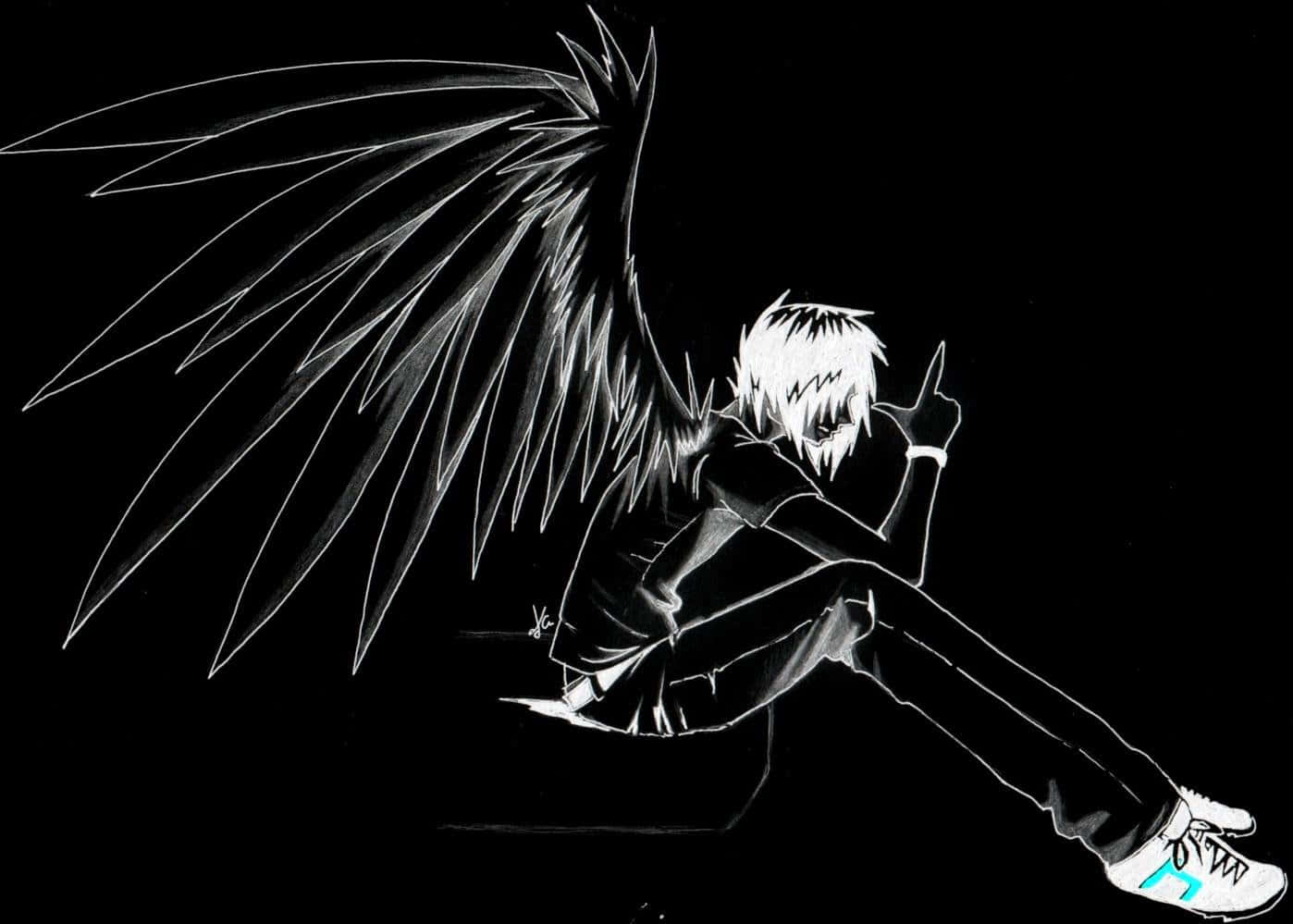 emo anime boy, spiky white hair, large black wings, HD Desktop Wallpaper