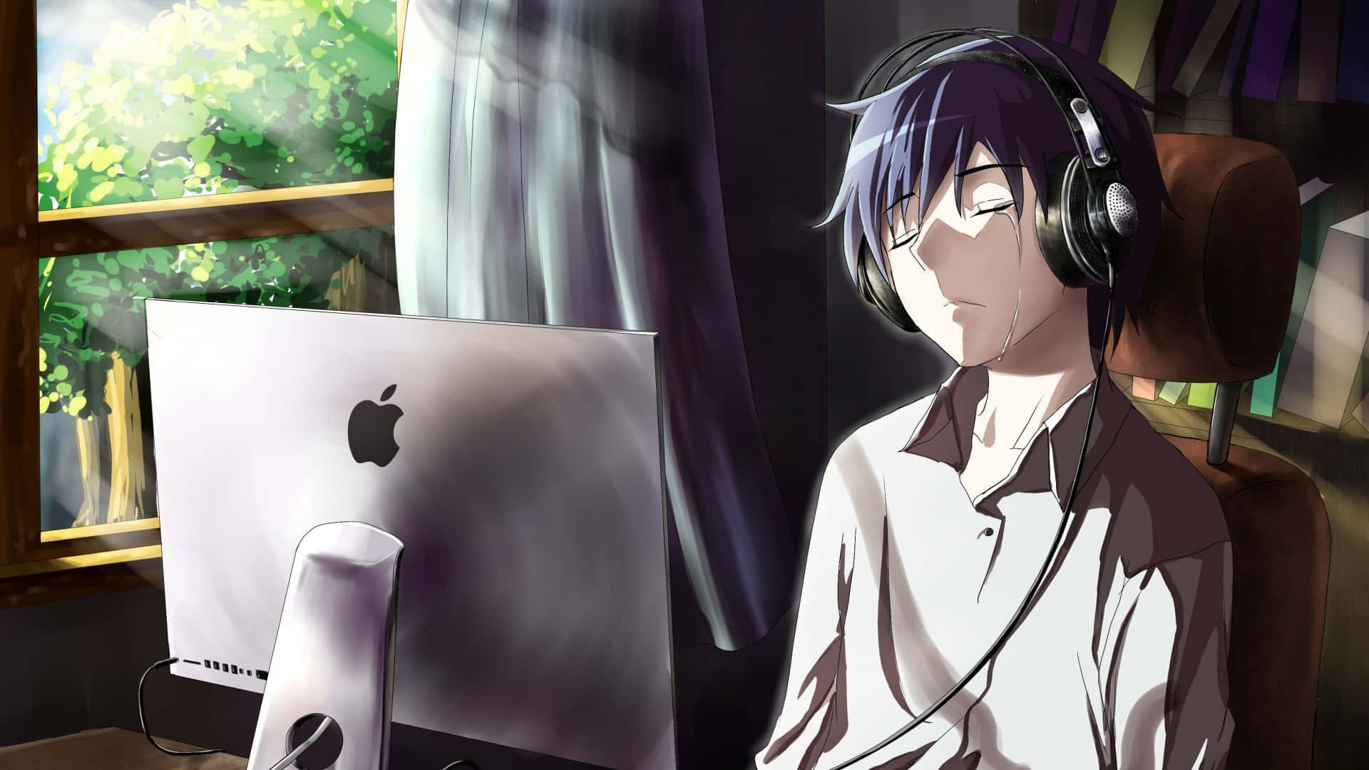 emo anime boy, headphones, desk, Full HD Desktop Wallpaper