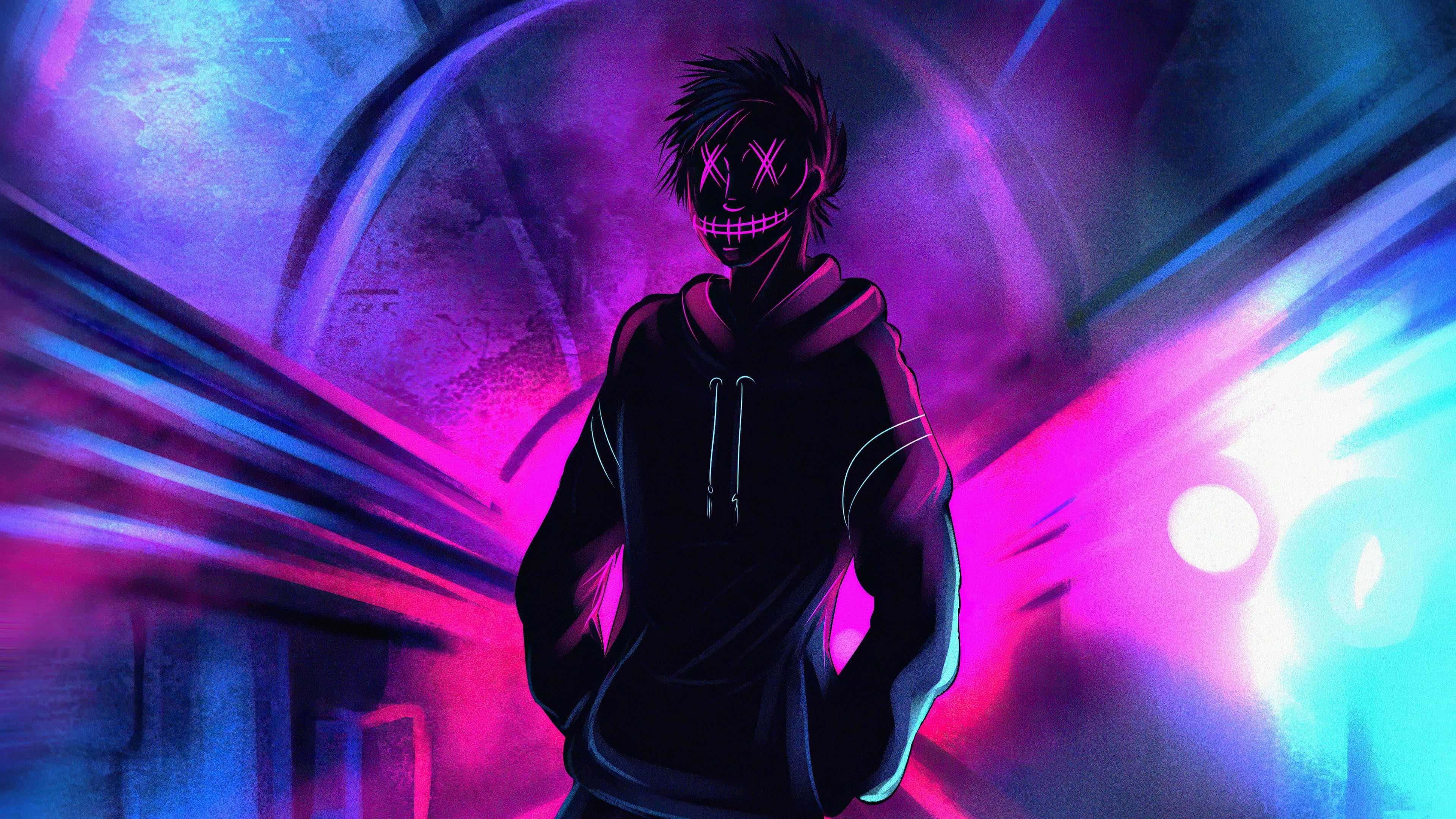 emo anime boy, glowing X eyes, teeth, 4K Desktop Wallpaper