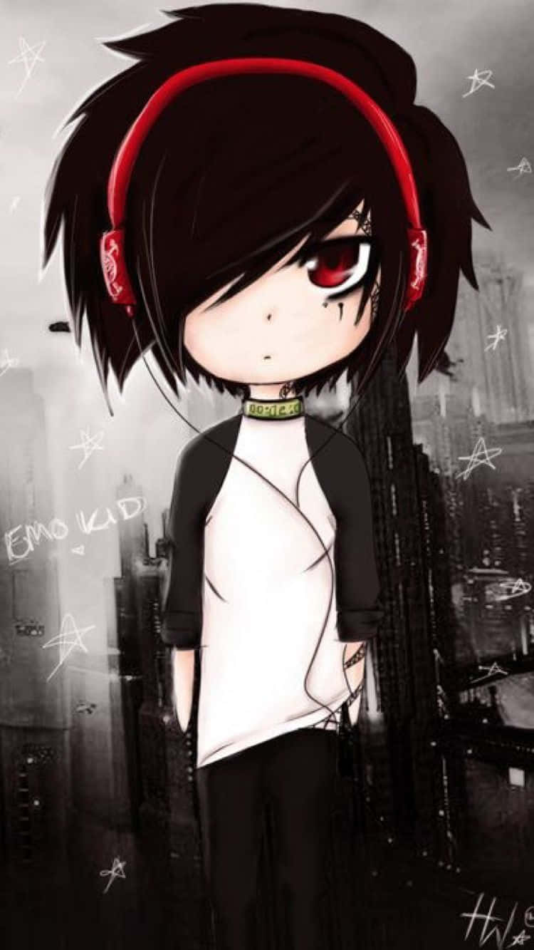 emo anime boy, chibi anime emo kid, red headphones, HD Phone Wallpaper