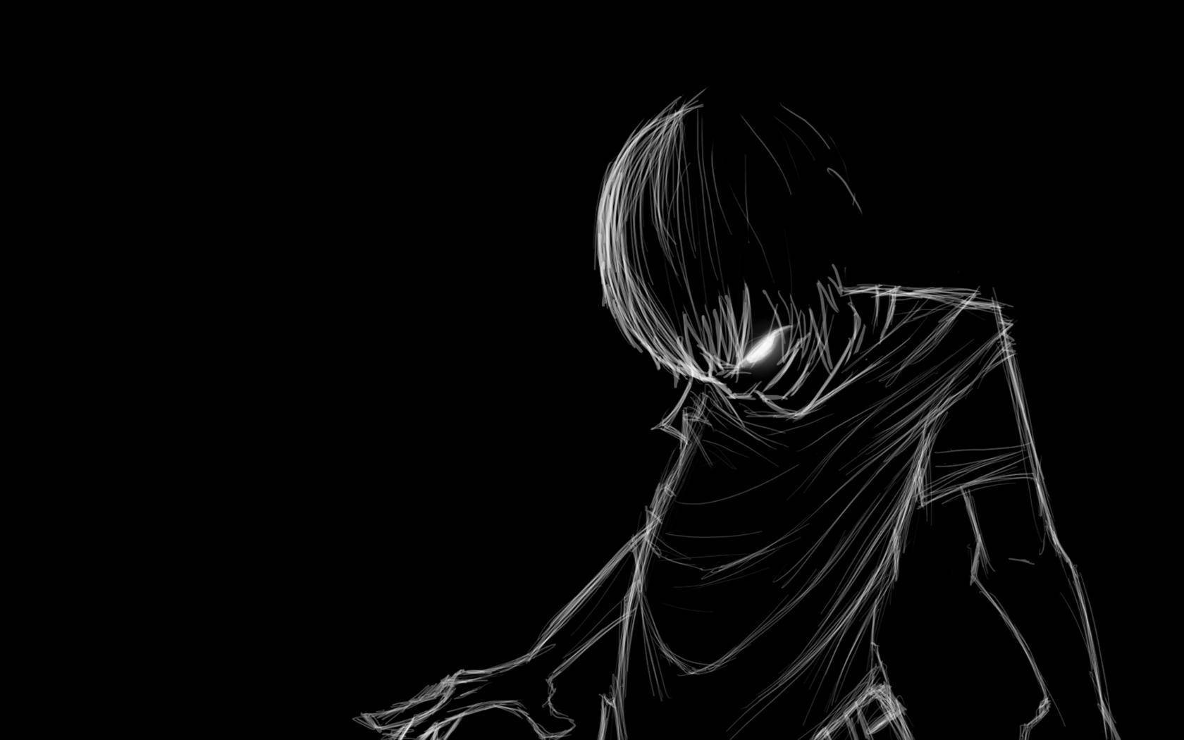 anime character, glowing white lines, pure black background, HD Desktop Wallpaper