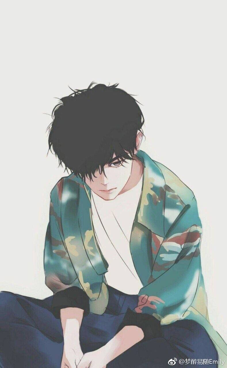 emo anime boy, messy black hair, camouflage jacket, HD Phone Wallpaper