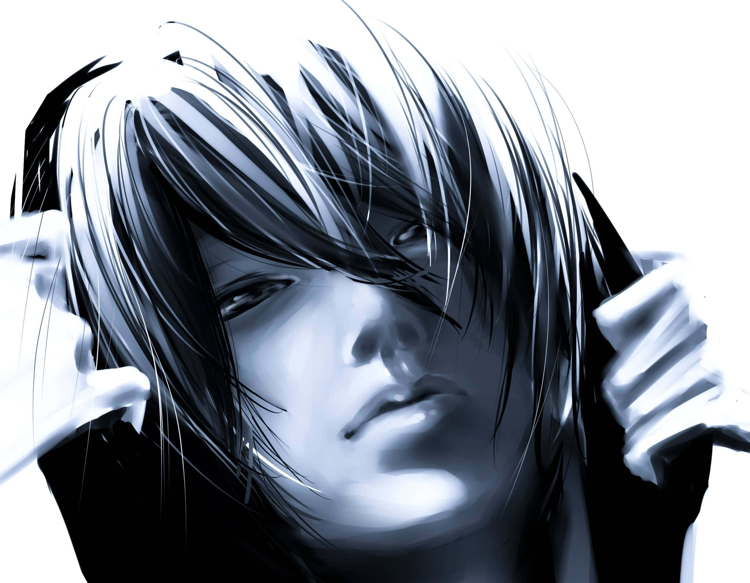 black and white anime cartoon boy, anime portrait, tousled hair, Full HD Desktop Wallpaper