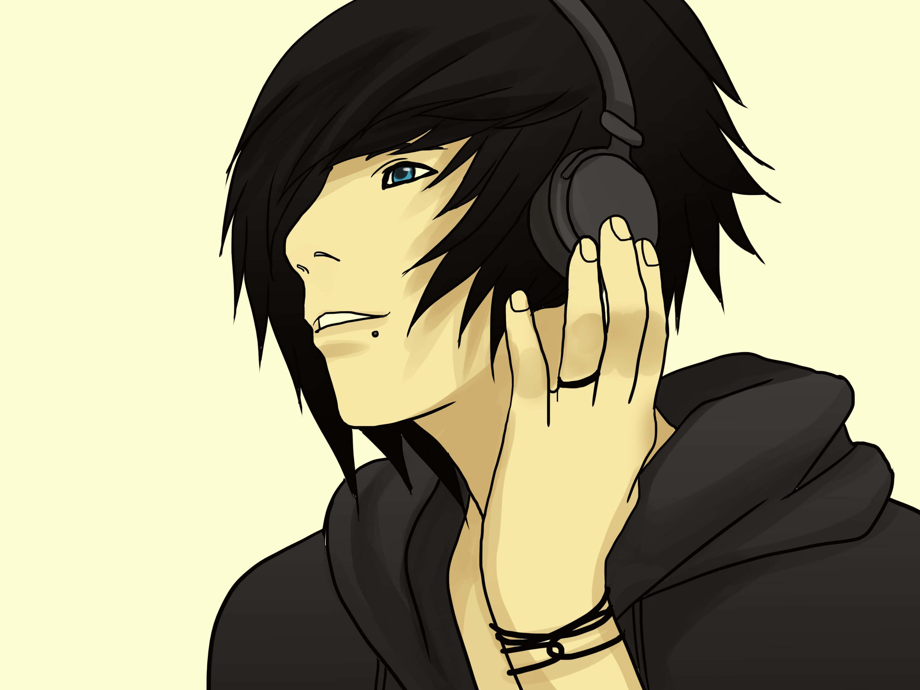 emo anime boy, black hair, blue eyes, 2K Desktop Wallpaper