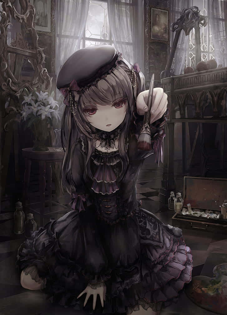 gothic anime girl, black frilly dress, dimly lit vintage room, SD Phone Wallpaper