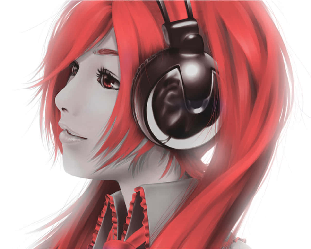 emo anime, vibrant red hair, headphones, HD Desktop Wallpaper