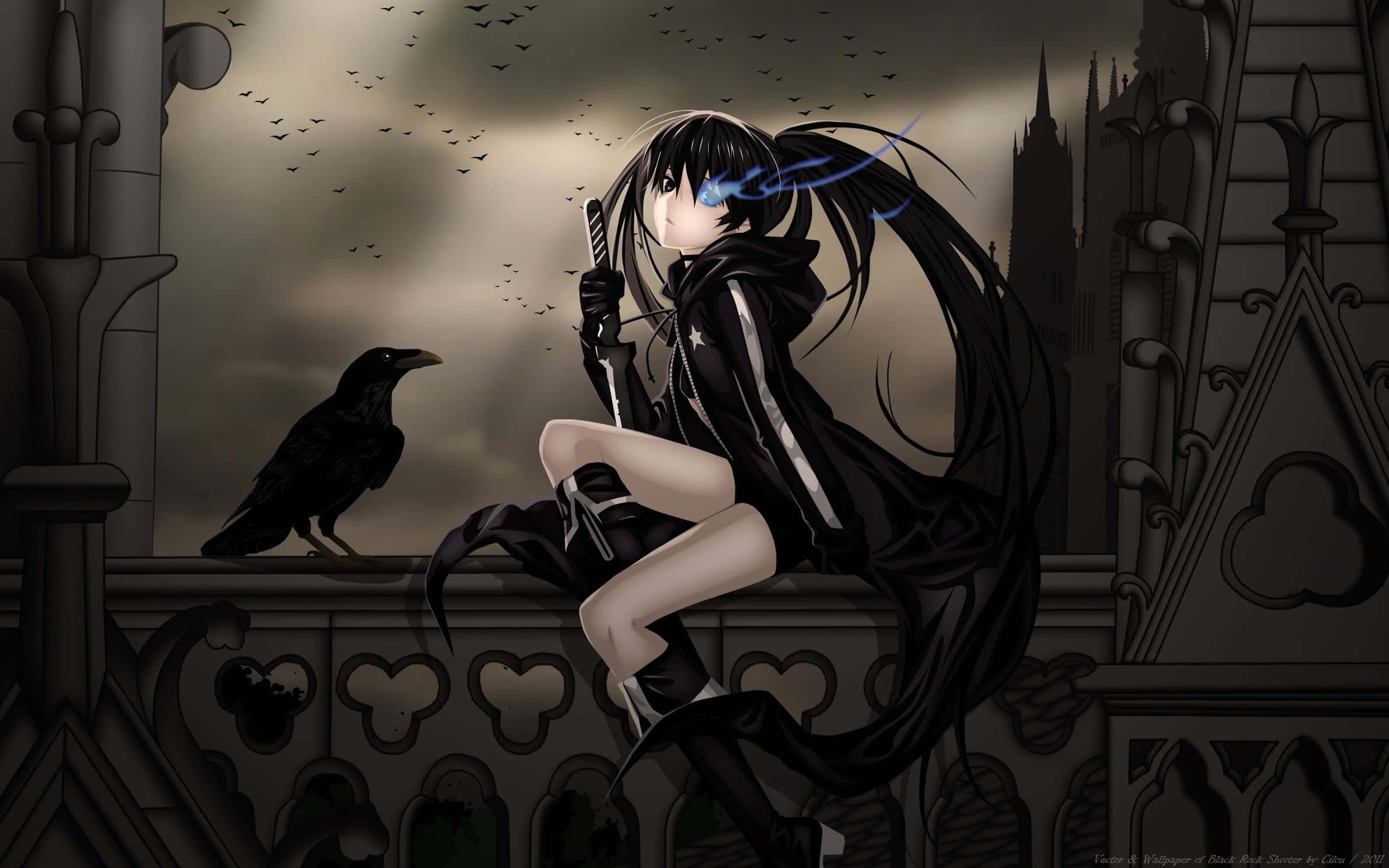 black-haired anime girl, glowing blue eyes, gothic balcony, Full HD Desktop Wallpaper