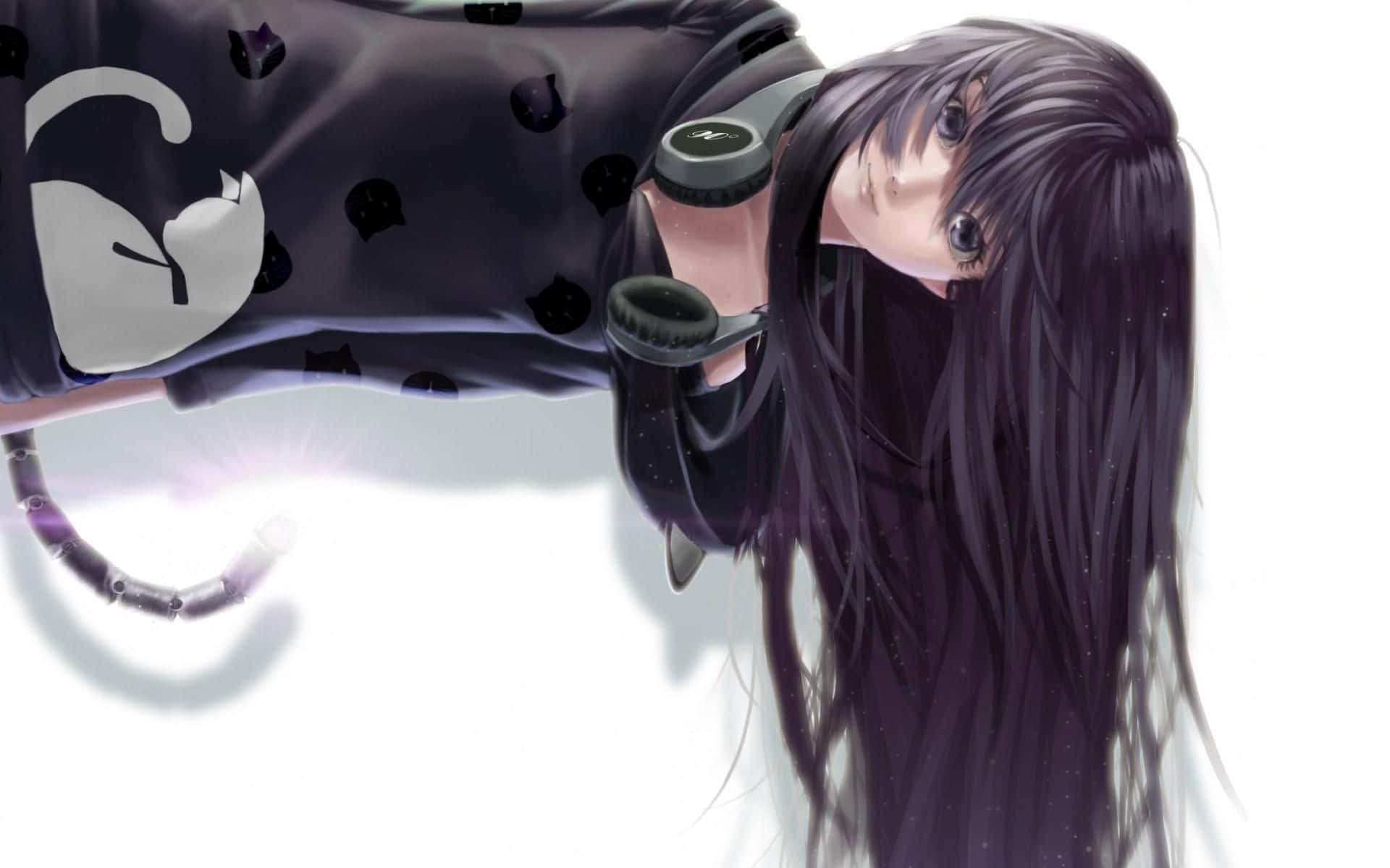 anime girl, black cat-themed outfit, headphones, Full HD Desktop Wallpaper