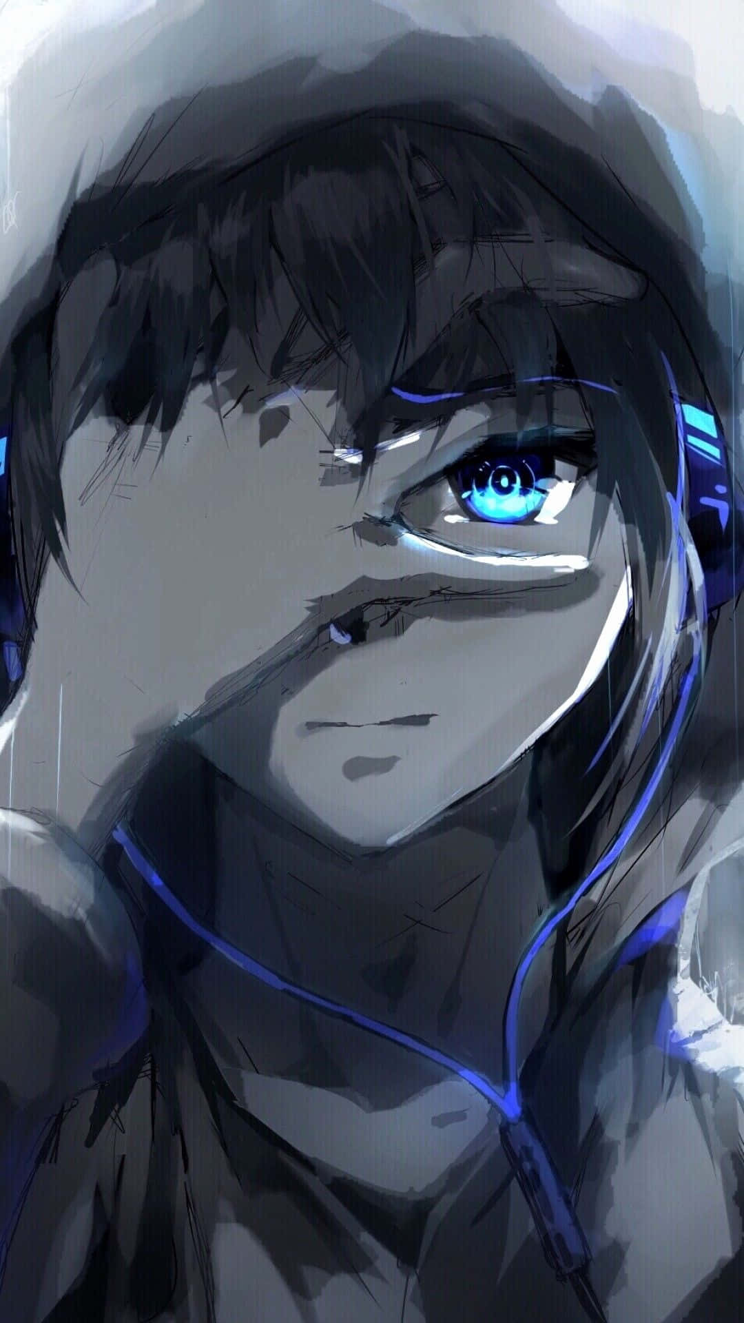 Emo Anime aesthetic, glowing blue eyes, dark hair, Full HD Phone Wallpaper