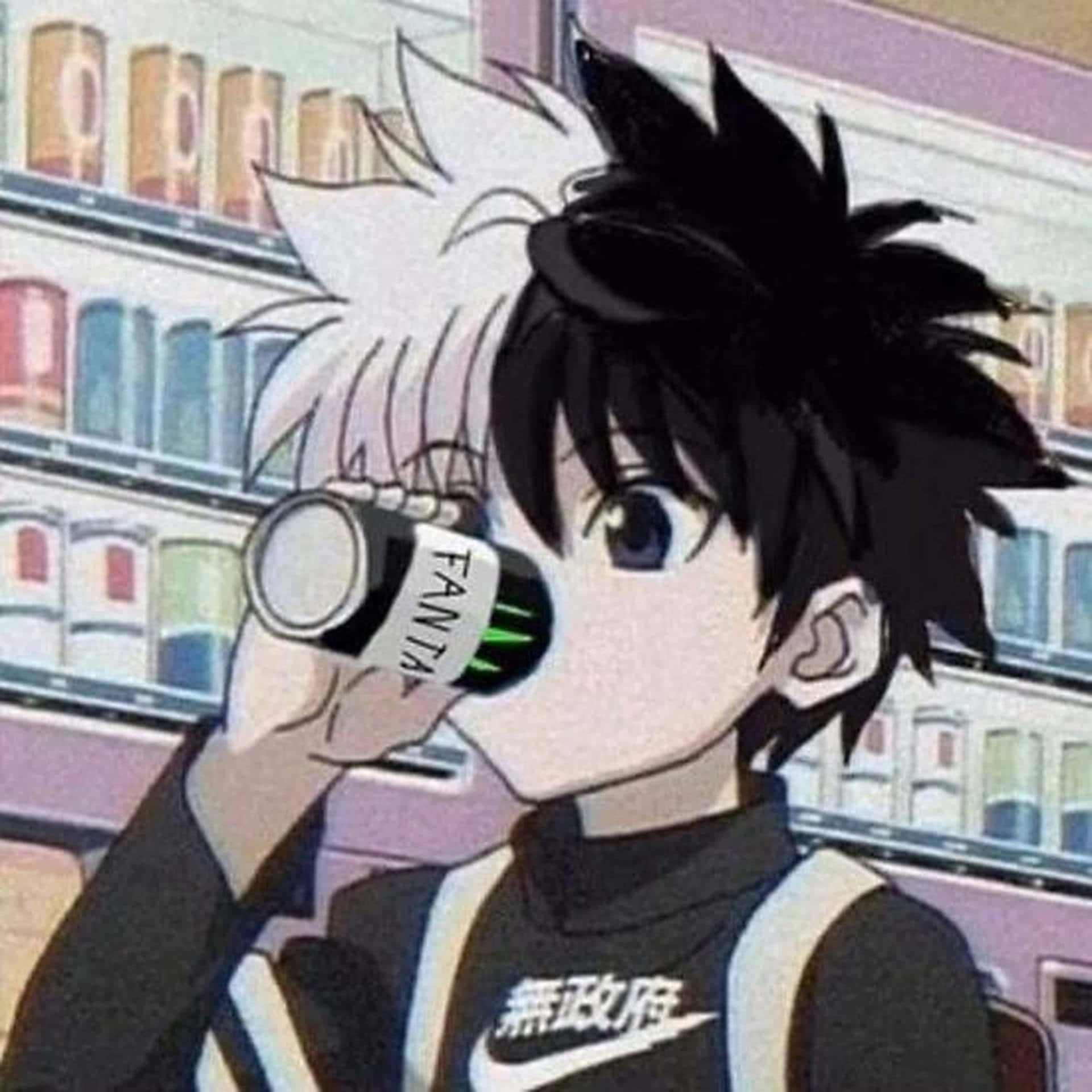 emo anime, spiky black and white hair, Fanta can, Full HD Desktop Wallpaper