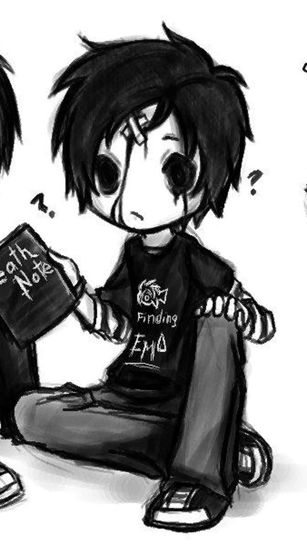 chibi anime boy, messy hair, book titled Death Note, Full HD Phone Wallpaper