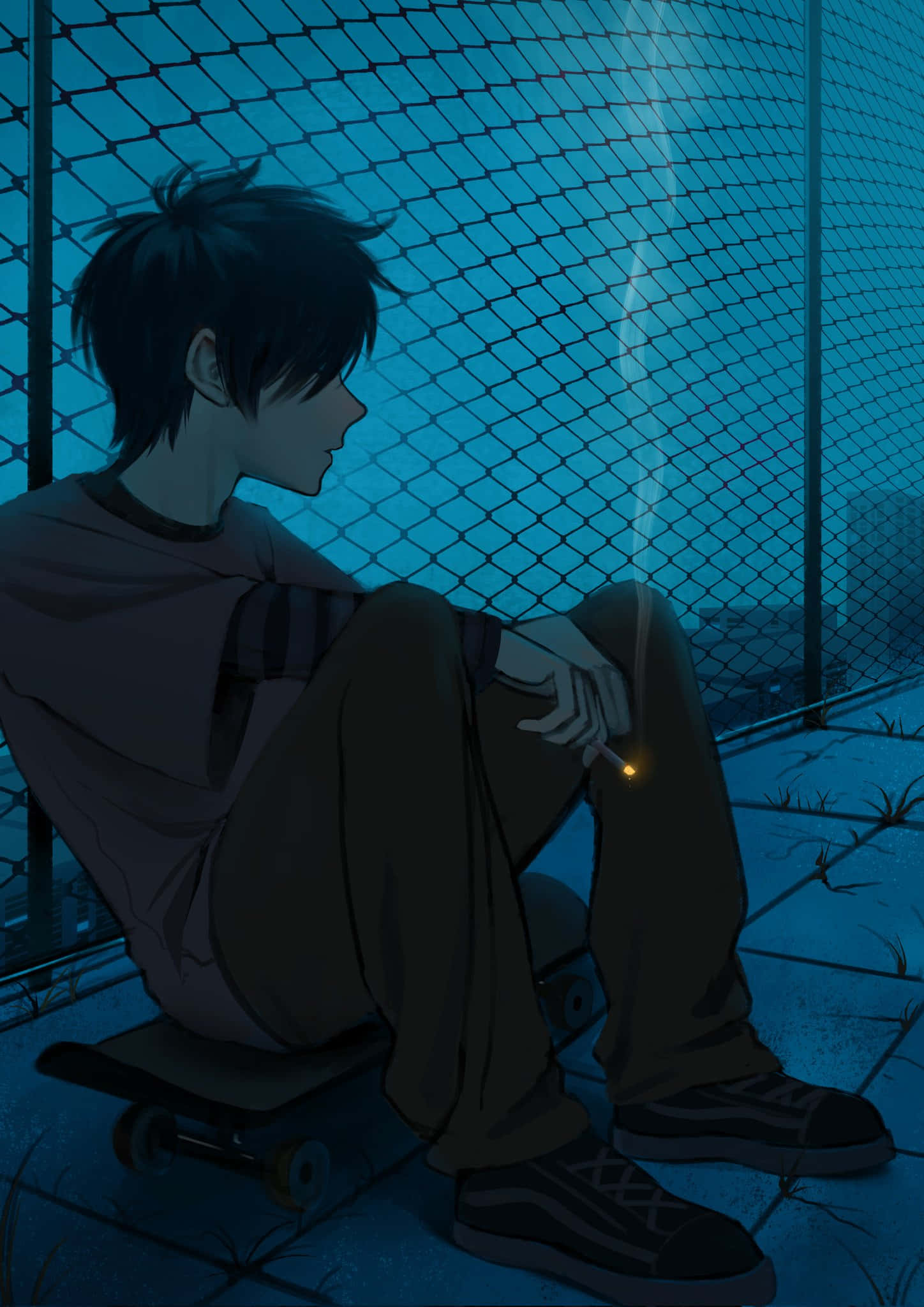 anime boy, skateboard, chain-link fence, Full HD Phone Wallpaper