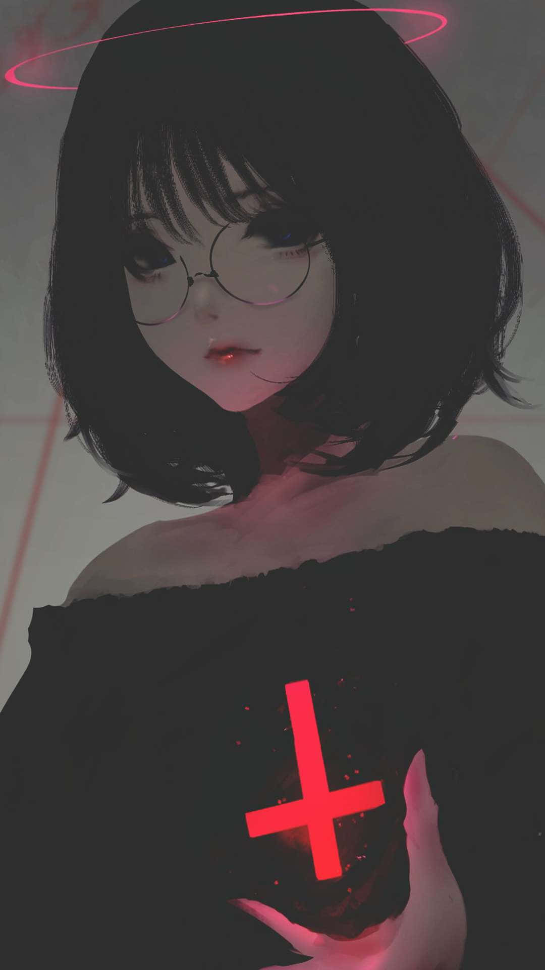 anime girl, glasses, glowing red halo, Full HD Phone Wallpaper