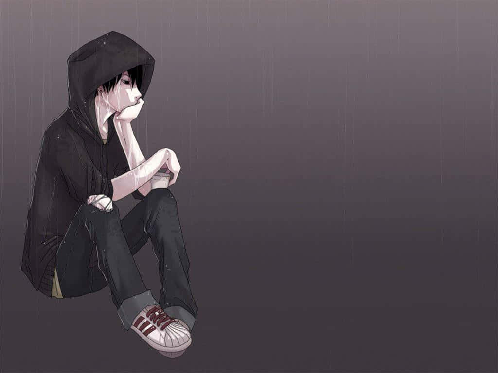 anime teen, black hoodie, rain, SD Desktop Wallpaper