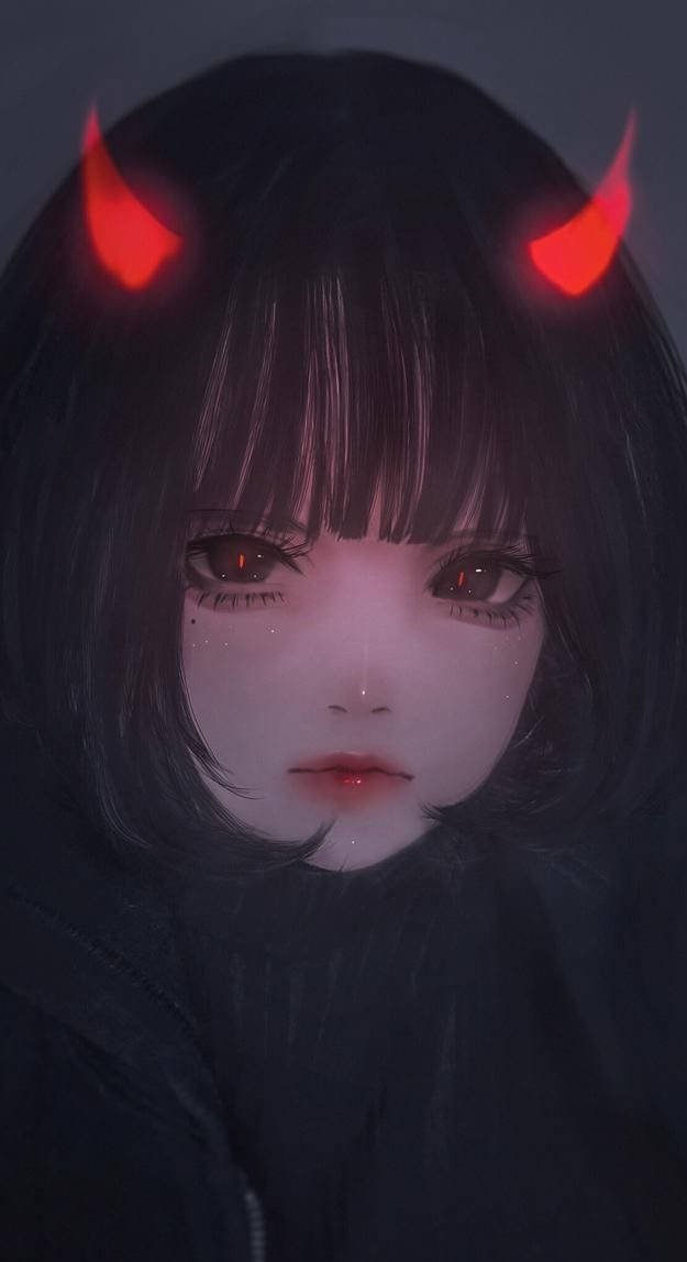 sad demon girl, glowing red devil horns, matching eyes, SD Phone Wallpaper