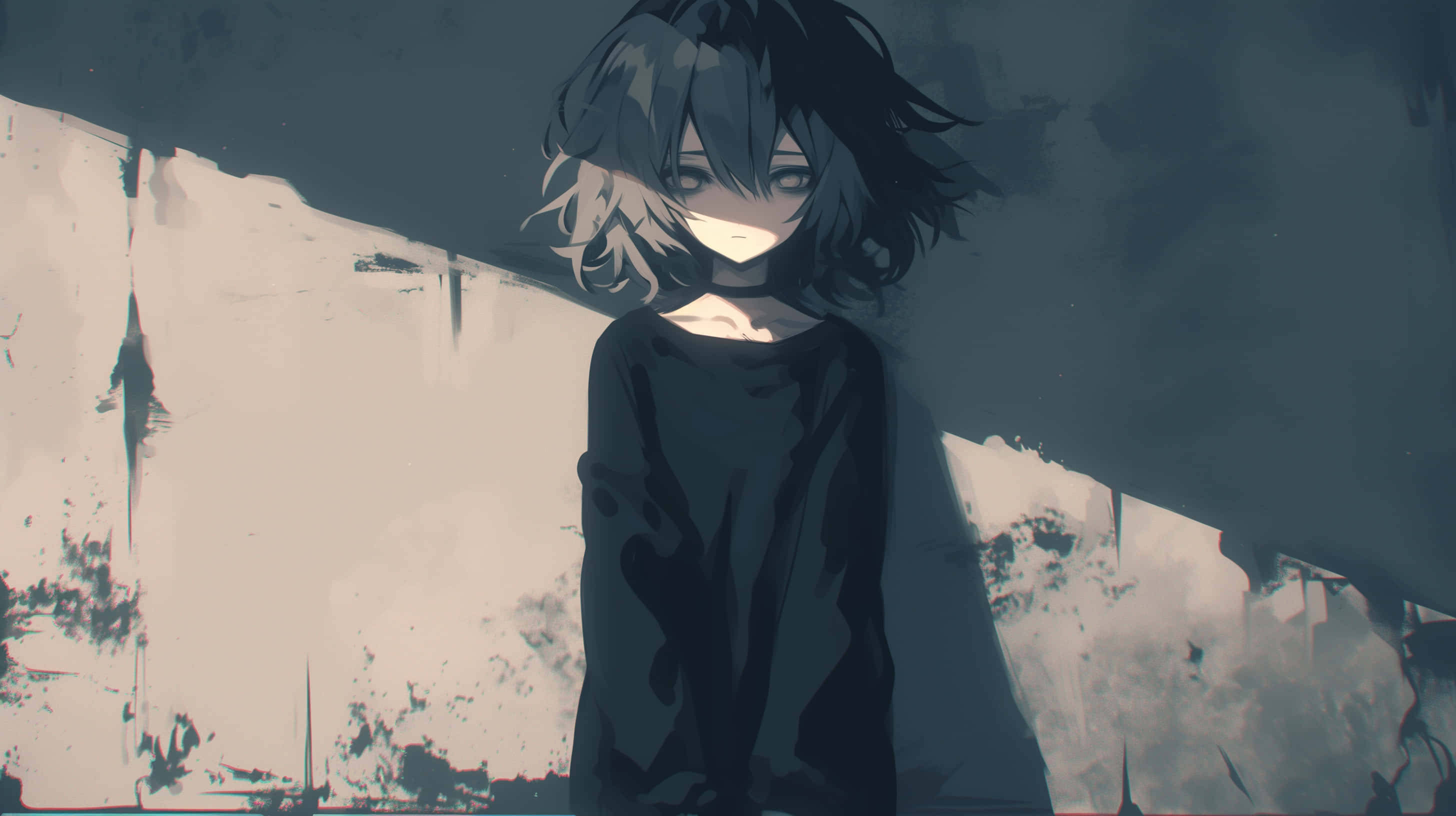 Emo Anime Girl, monochrome aesthetic, dimly lit, 2K Desktop Wallpaper