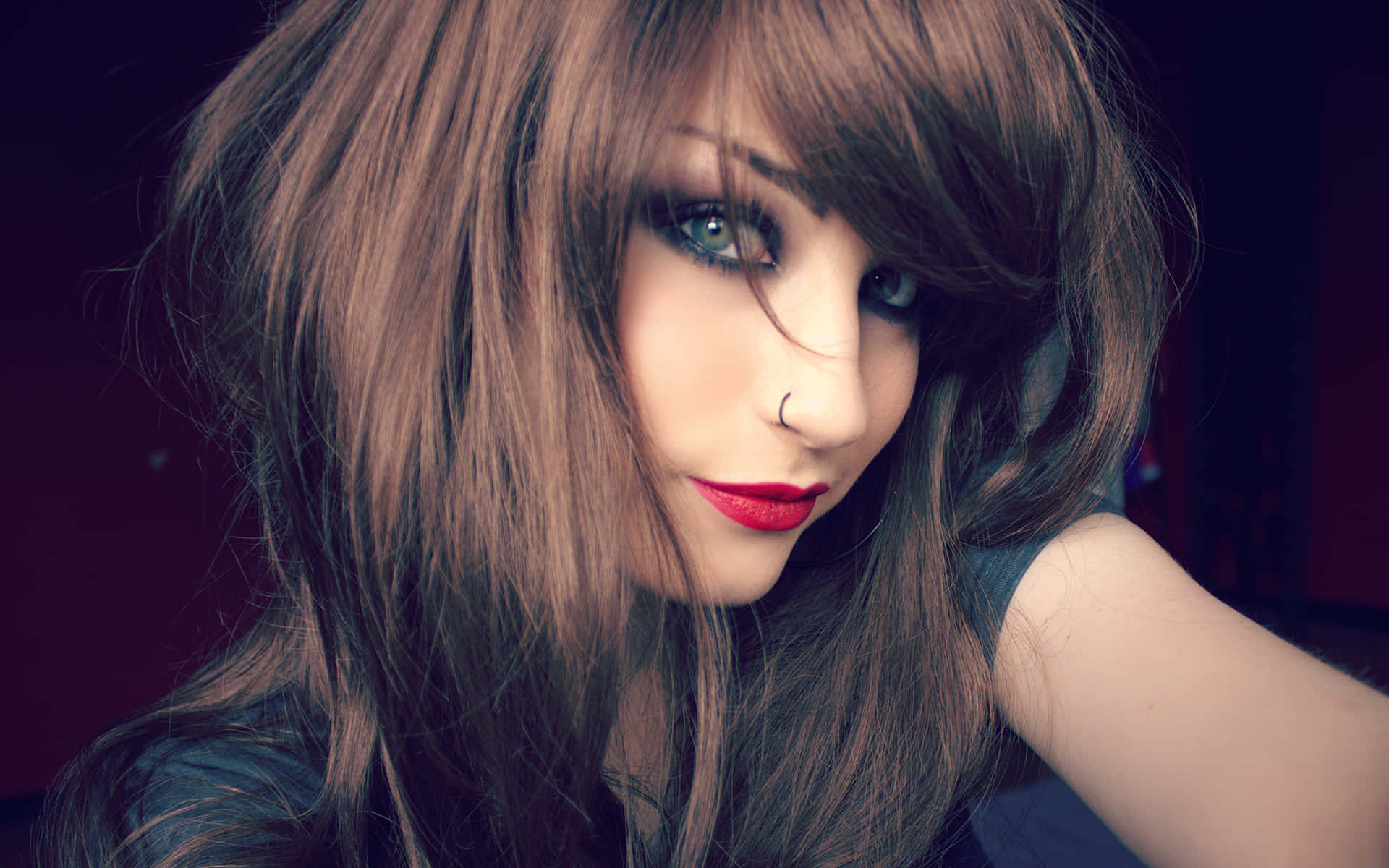 Emo Girl, long brown hair, bold red lipstick, Full HD Desktop Wallpaper