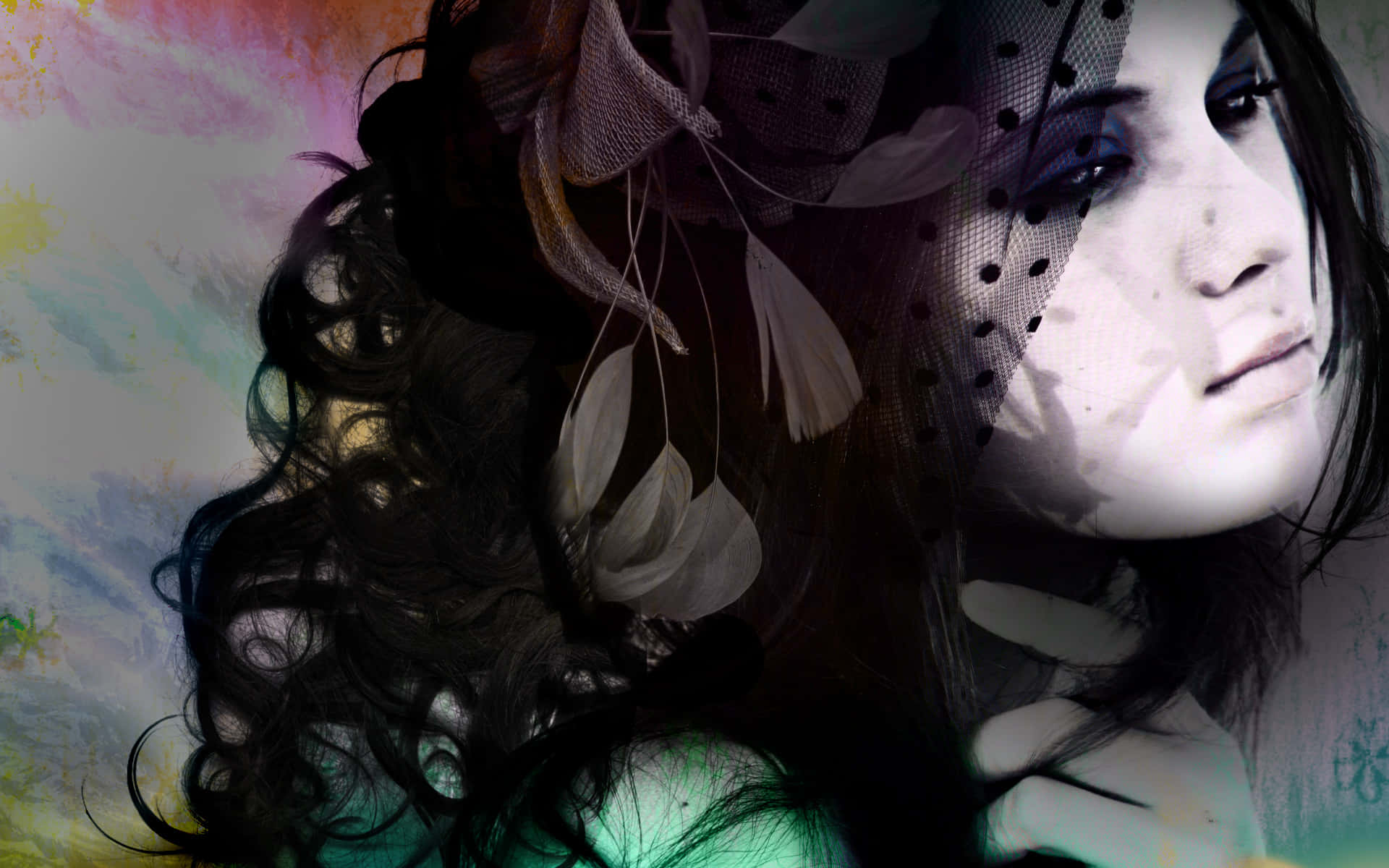 Emo Girl, feathered accessory, dark curls, Full HD Desktop Wallpaper
