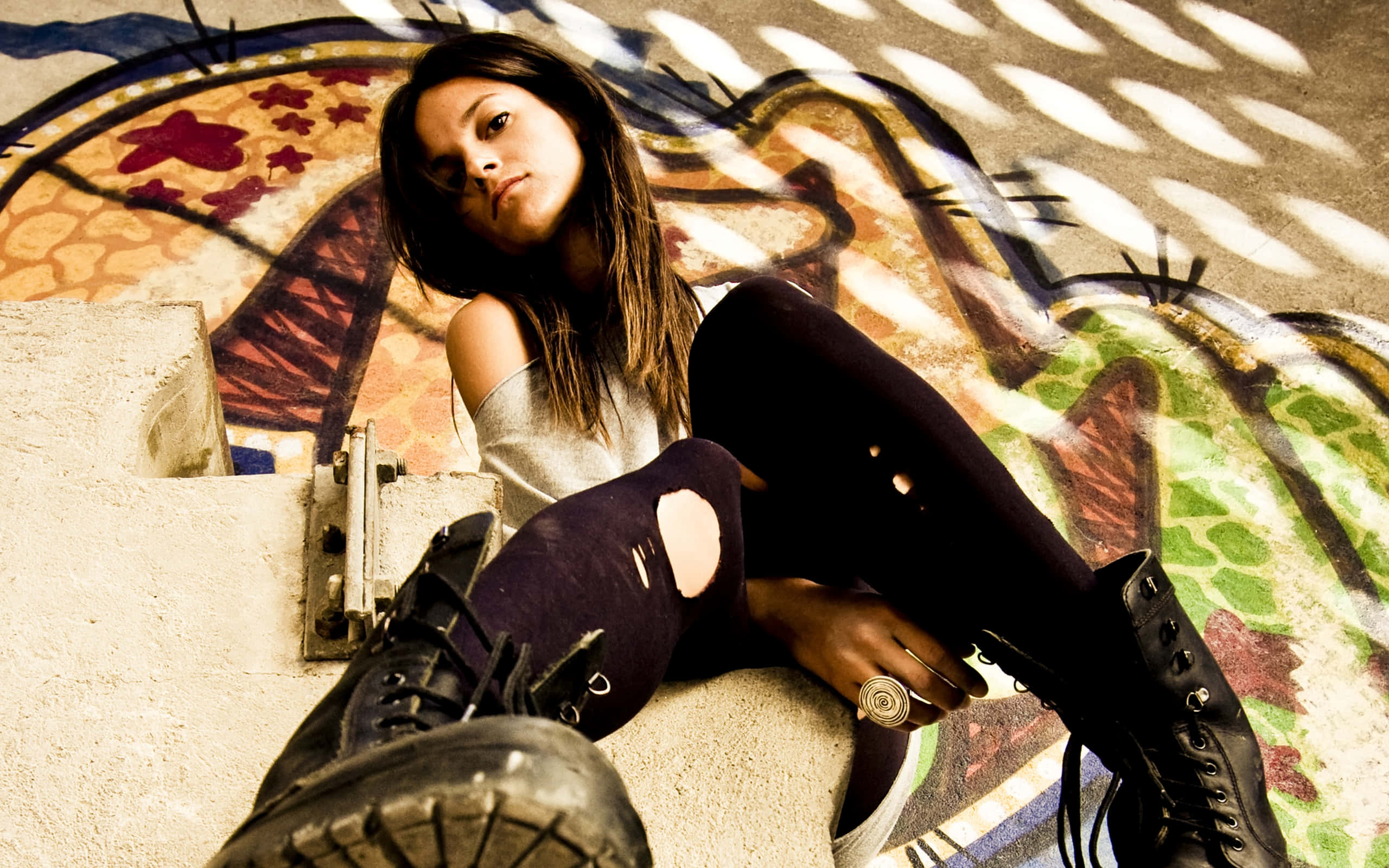 urban emo girl, graffiti wall, concrete steps, 2K Desktop Wallpaper