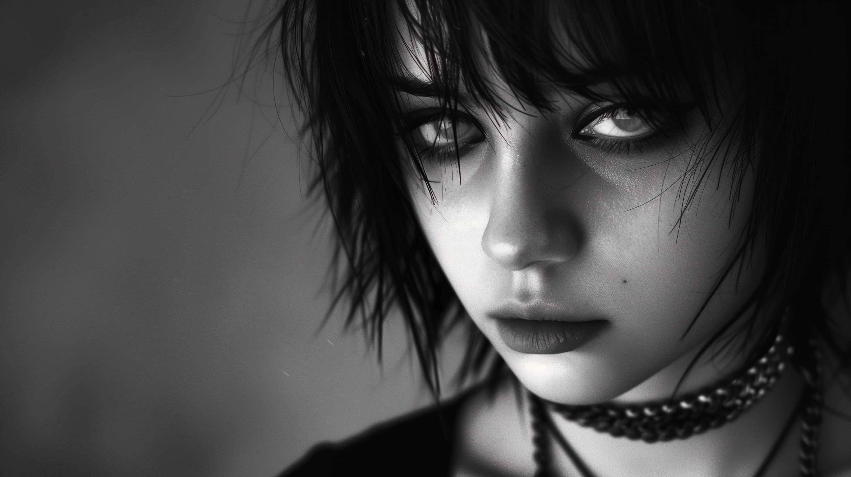 Emo Girl, black and white, close-up, 2K Desktop Wallpaper