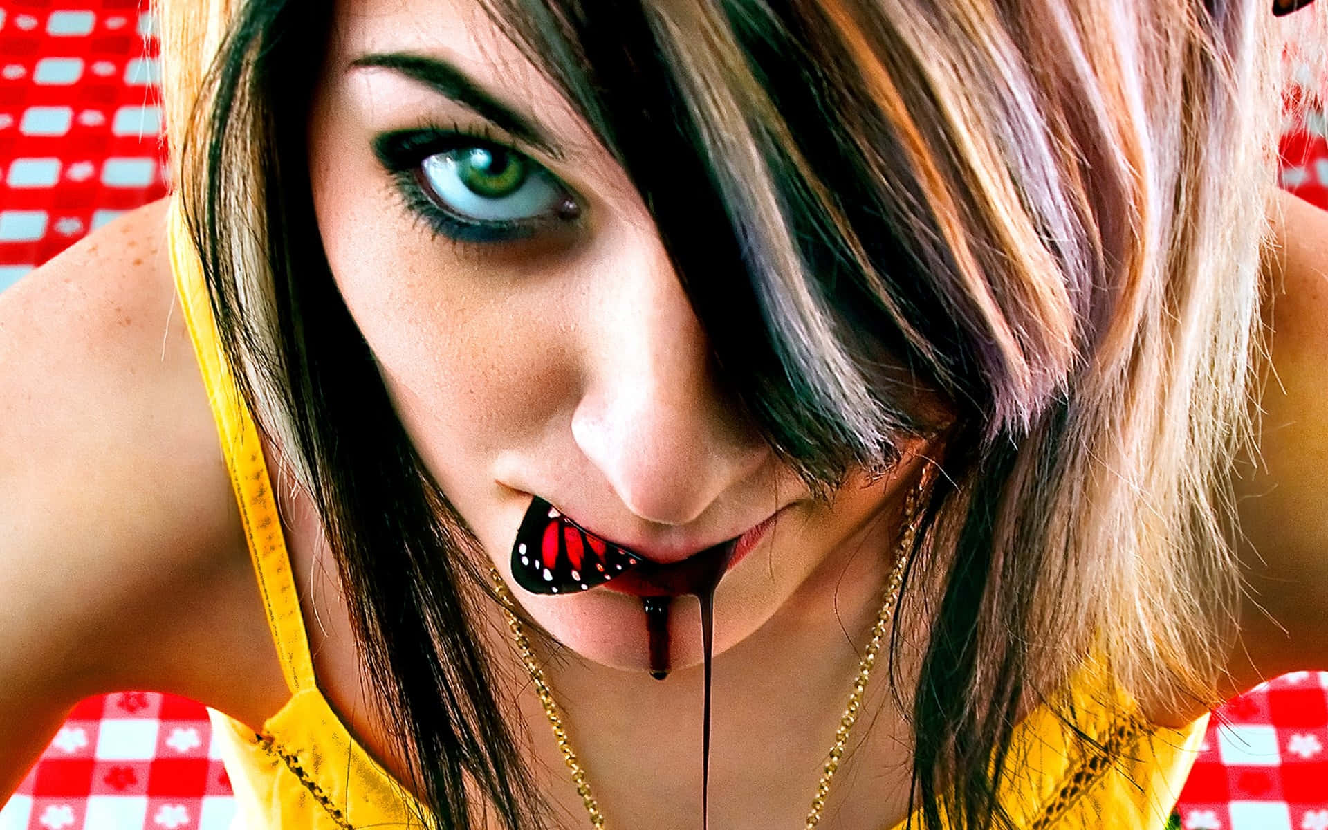 Emo Girl, green eyes, butterfly, Full HD Desktop Wallpaper