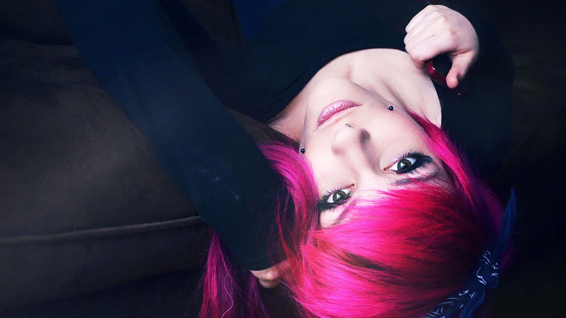 Emo Girl, pink hair, dark couch, Full HD Desktop Wallpaper