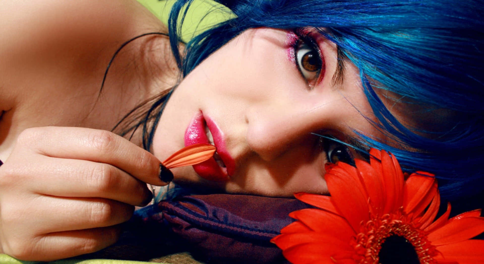 blue haired emo girl, flower, red flower, Full HD Desktop Wallpaper