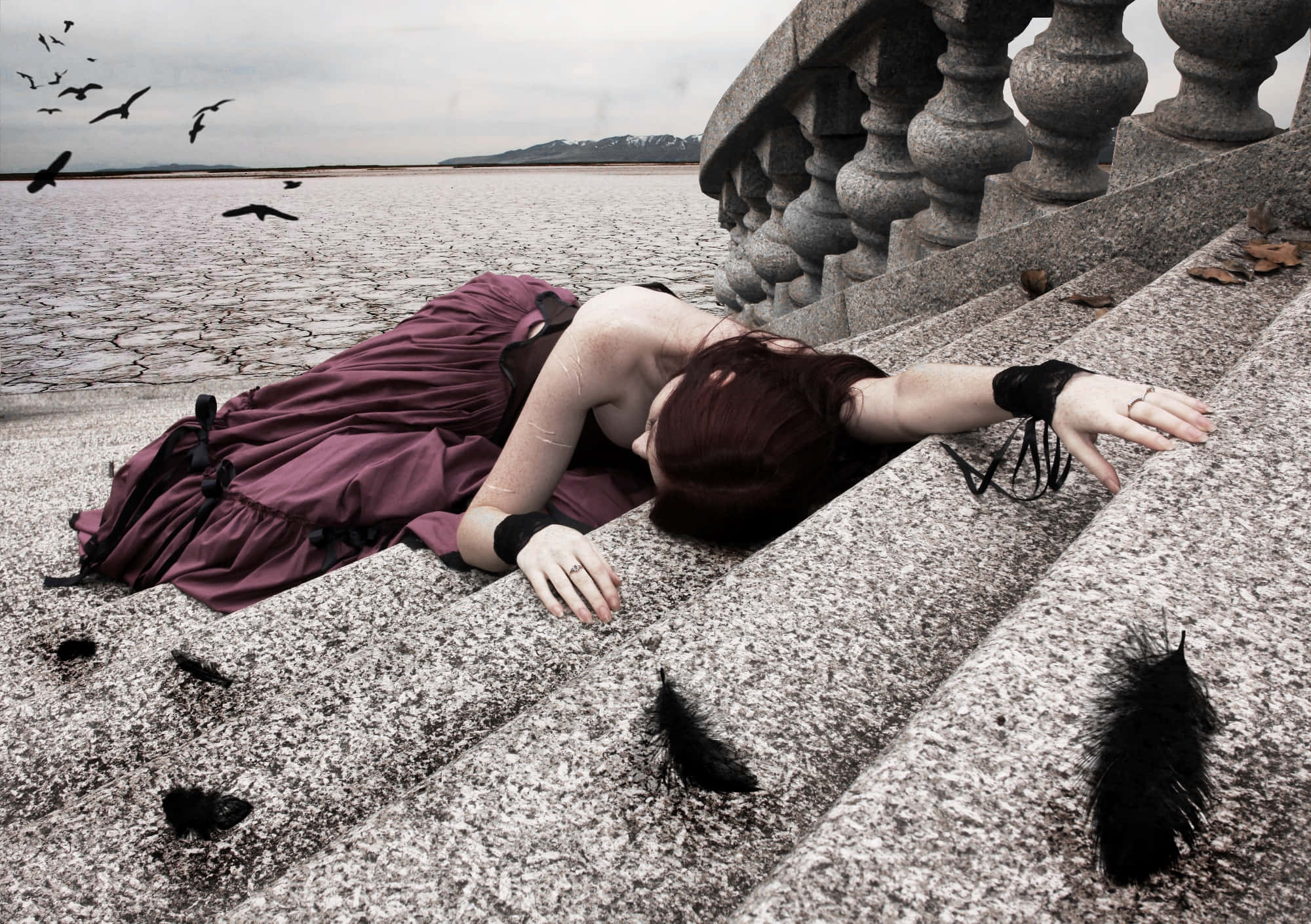 Emo Girl, maroon dress, stone steps, Full HD Desktop Wallpaper