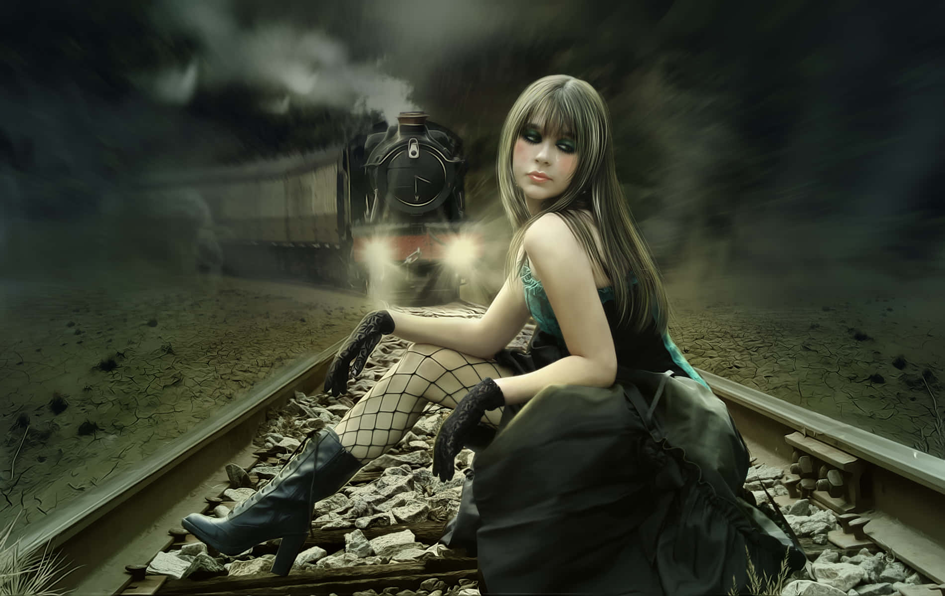 Emo Girl, railroad tracks, steam locomotive, HD Desktop Wallpaper