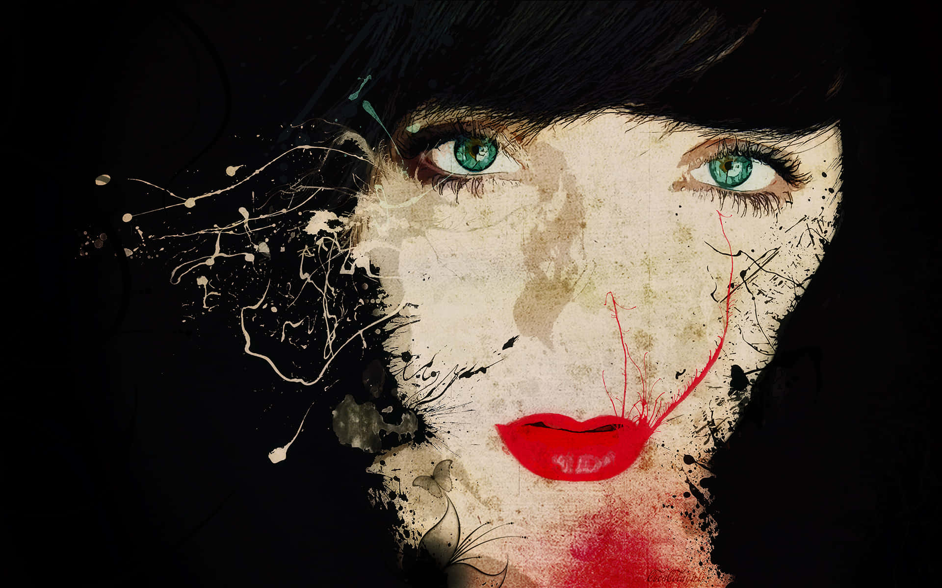 abstract emo girl artwork, green eyes, red lips, Full HD Desktop Wallpaper
